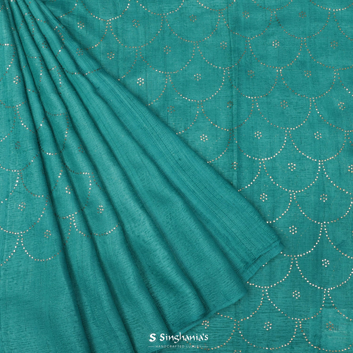 Medium Turquoise Blue Tussar Saree With Foil Print In Grid Pattern