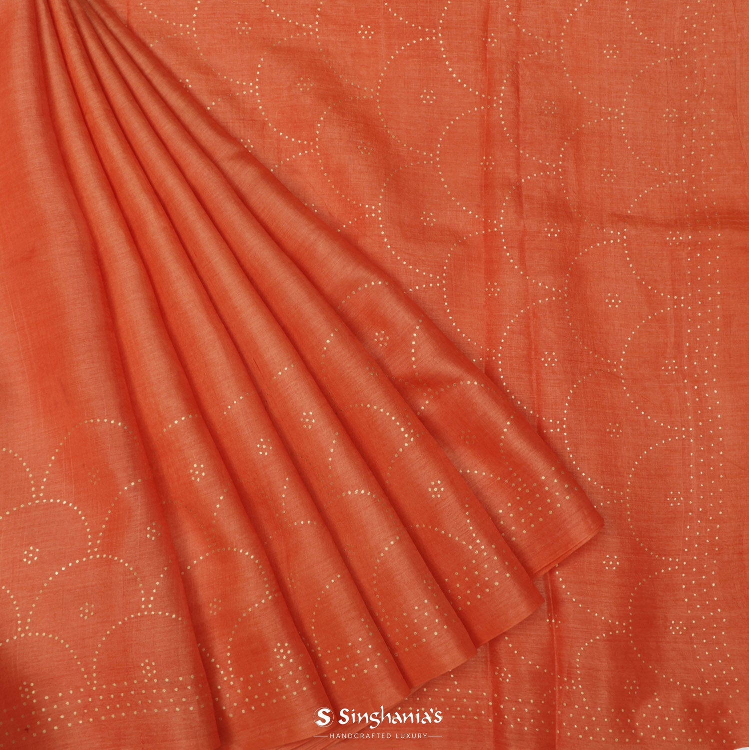 Metallic Orange Tussar Silk Saree With Foil Print