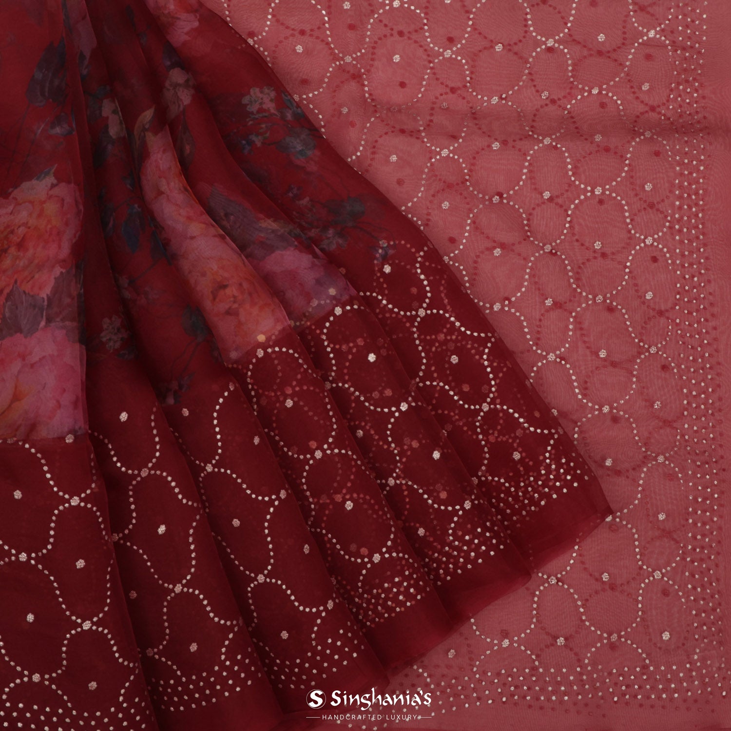 Maroon Printed Organza Saree With Floral Pattern