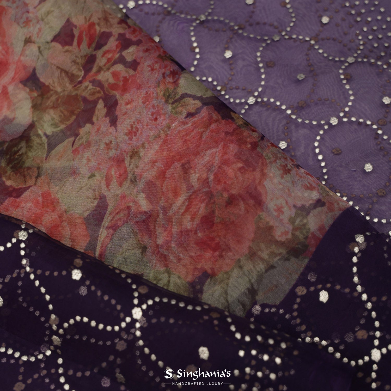 Dark Purple Organza Saree With Printed Floral Pattern