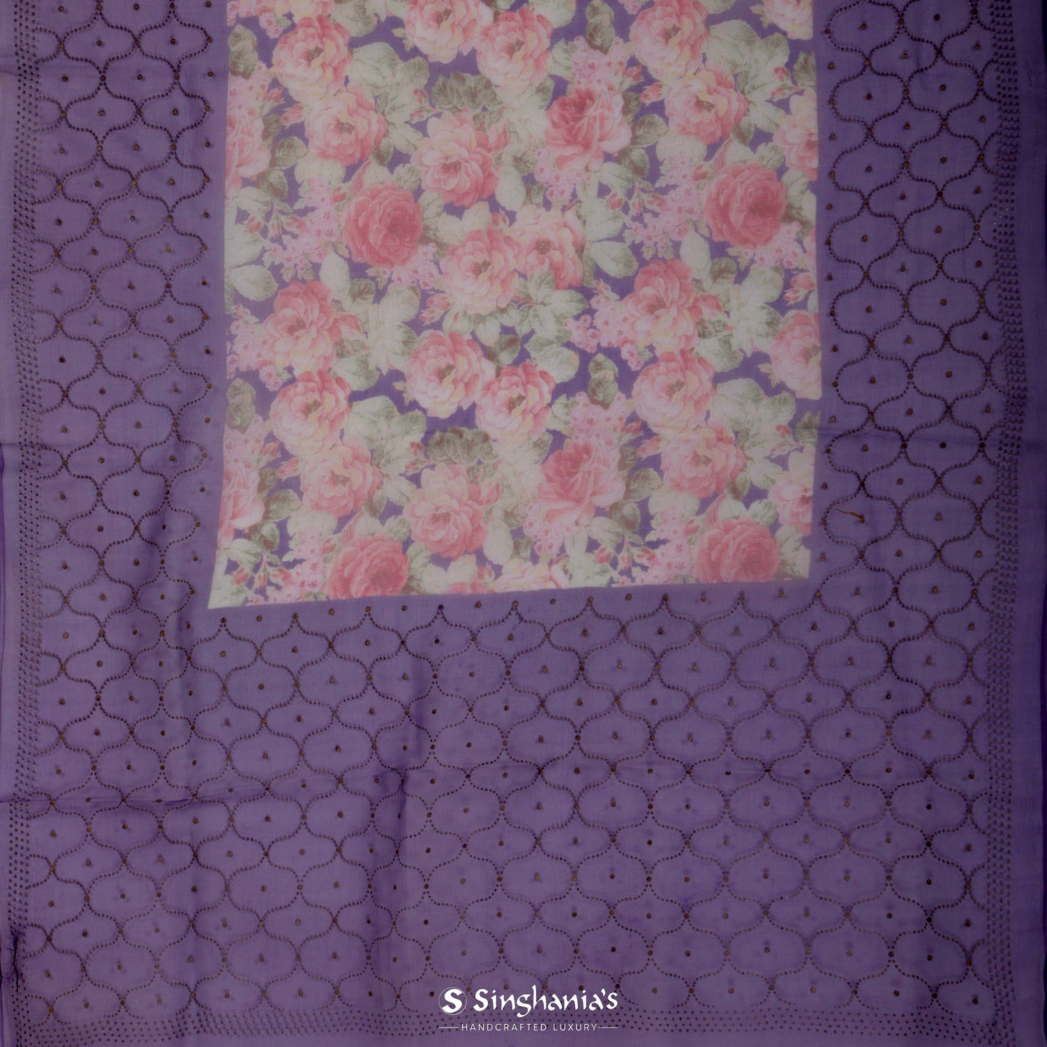 Dark Purple Organza Saree With Printed Floral Pattern