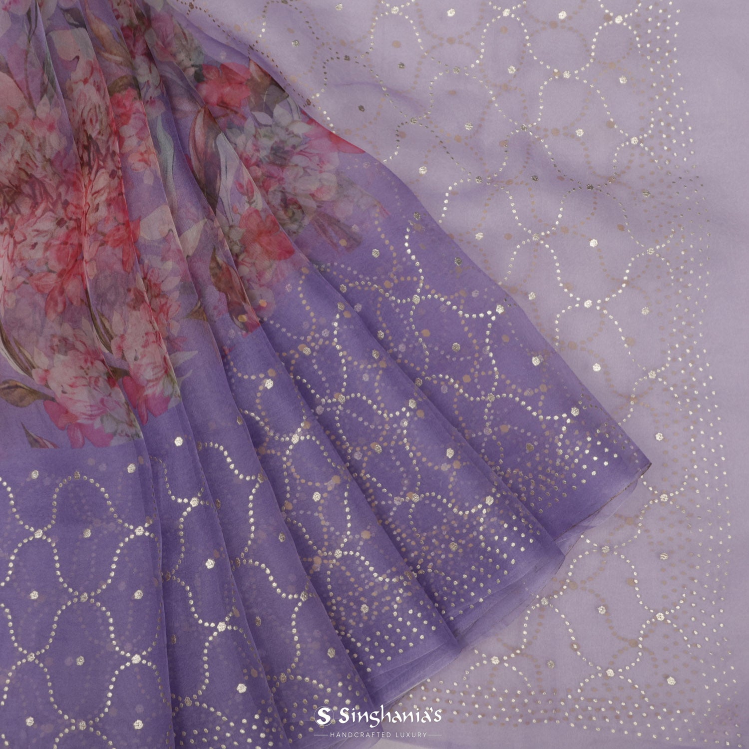 Heather Purple Organza Saree With Printed Floral Pattern
