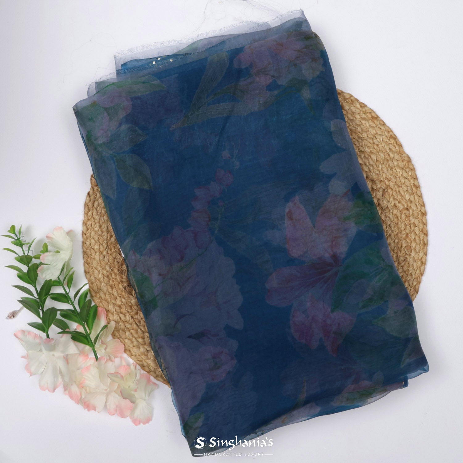 Steel Blue Printed Organza Saree With Floral Pattern