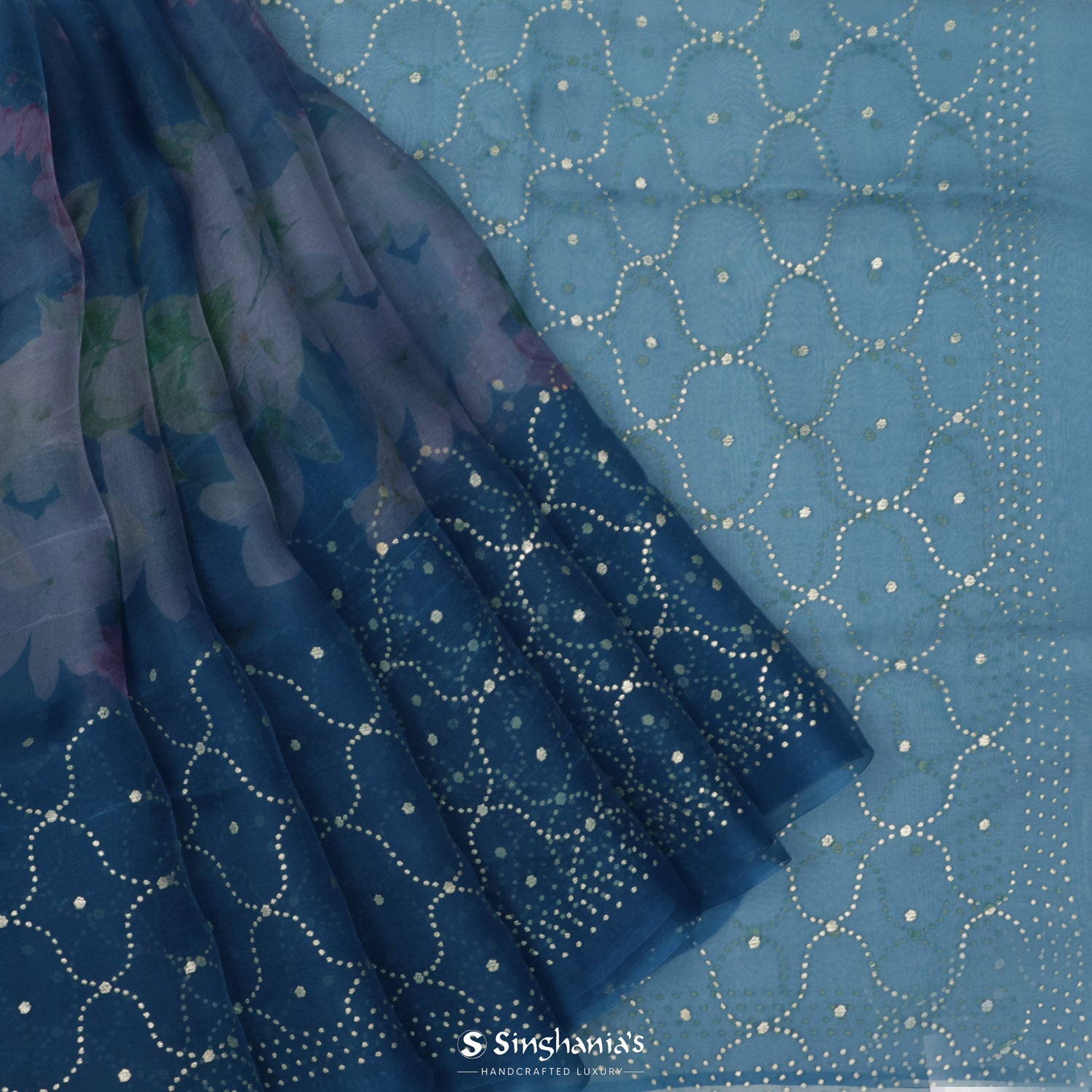 Steel Blue Printed Organza Saree With Floral Pattern