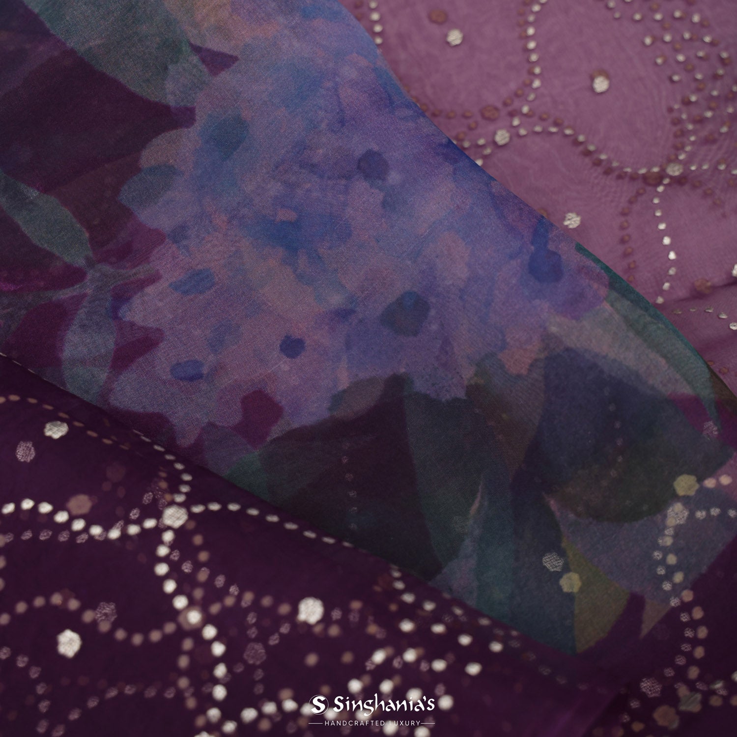 Eggplant Purple Printed Organza Saree With Floral Pattern