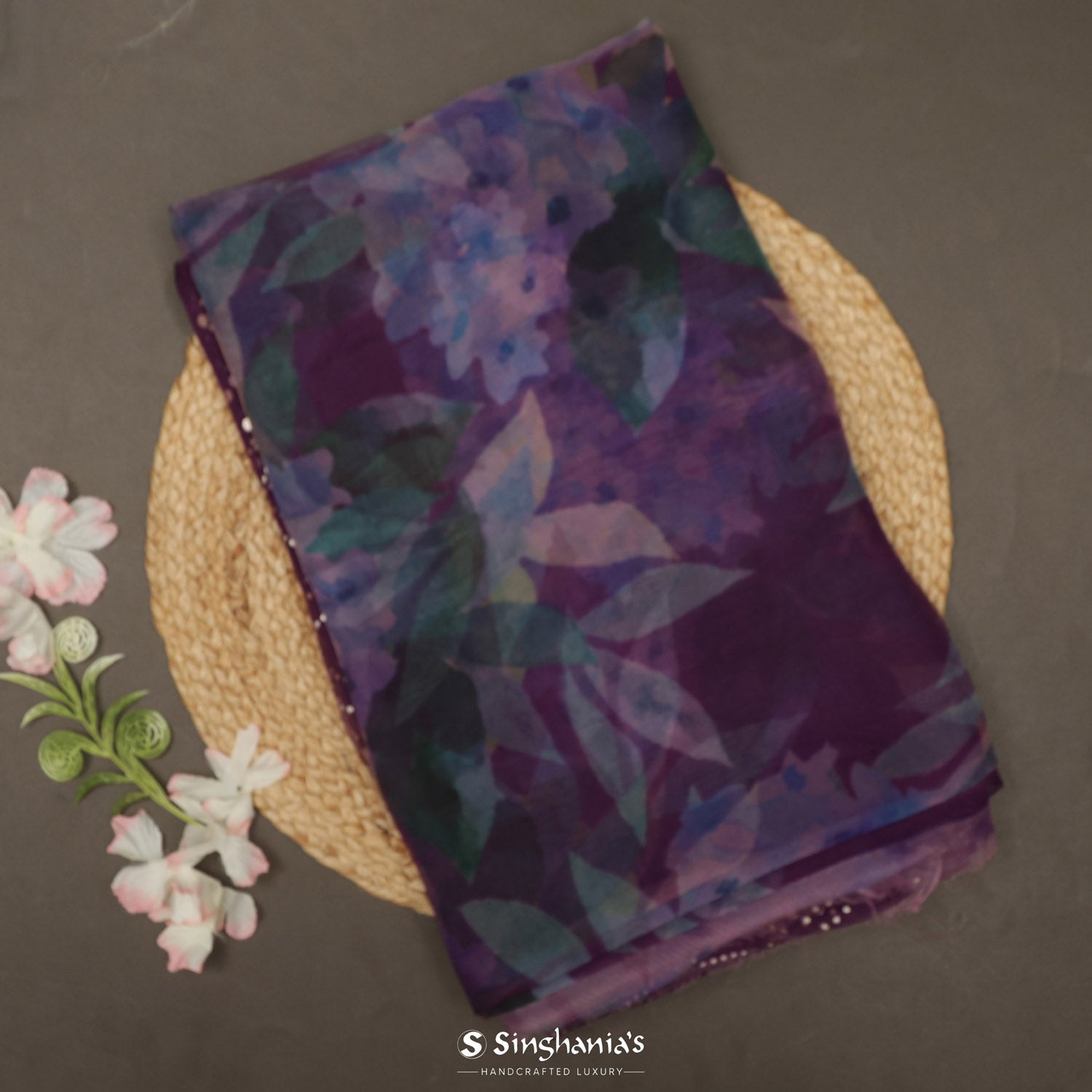 Eggplant Purple Printed Organza Saree With Floral Pattern