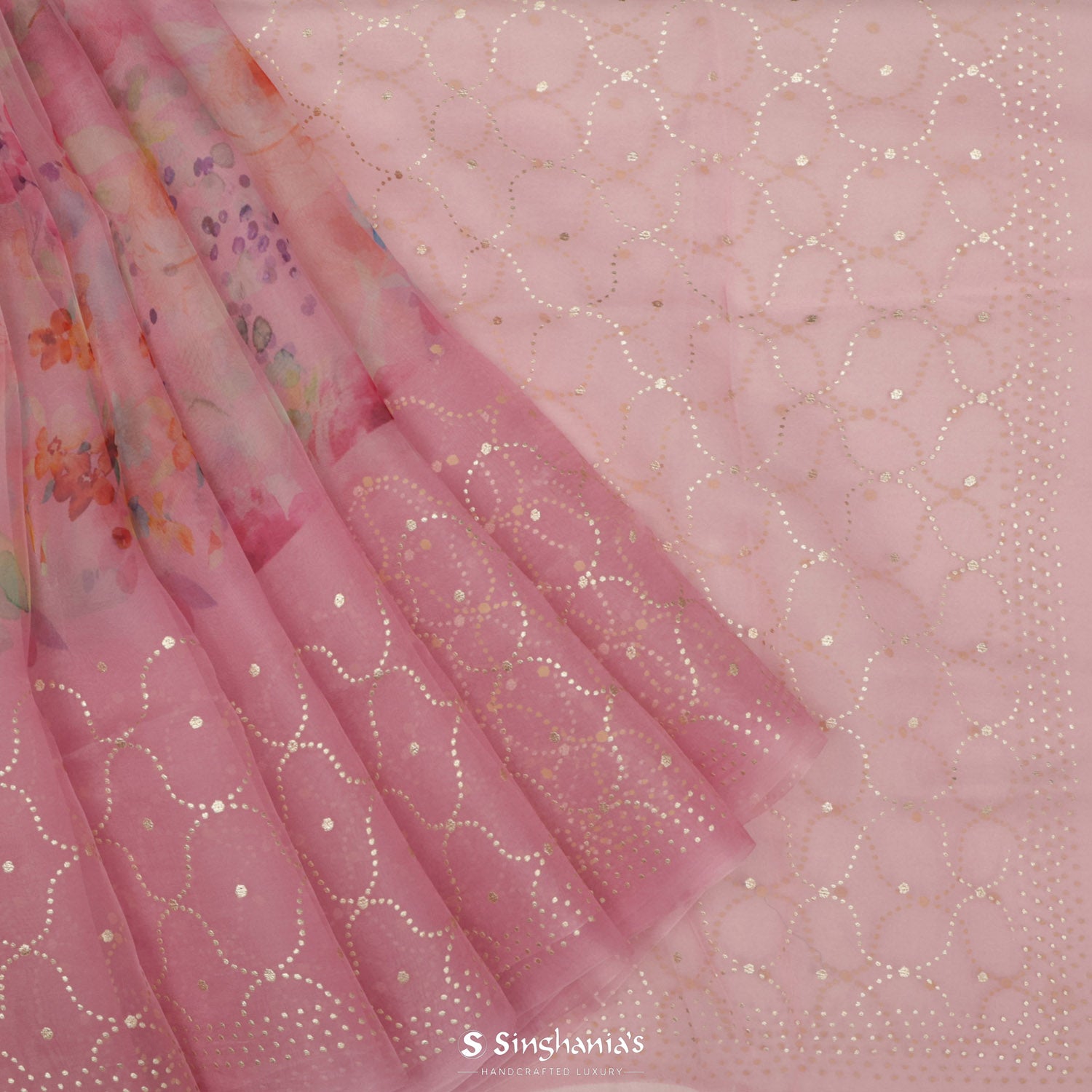 Nadeshiko Pink Printed Organza Saree With Floral Pattern