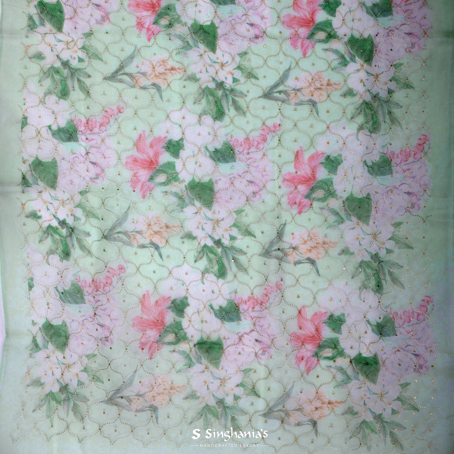 Tea Green Organza Saree With Printed Mukaish Work