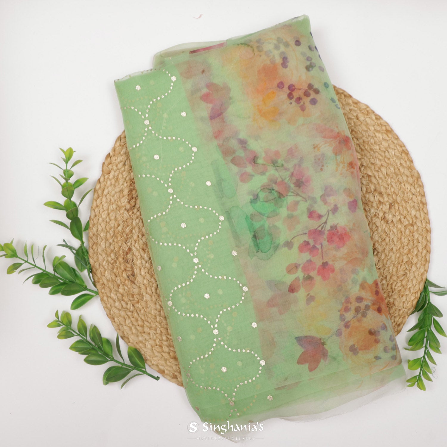 Celadon Green Printed Organza Saree With Floral Pattern