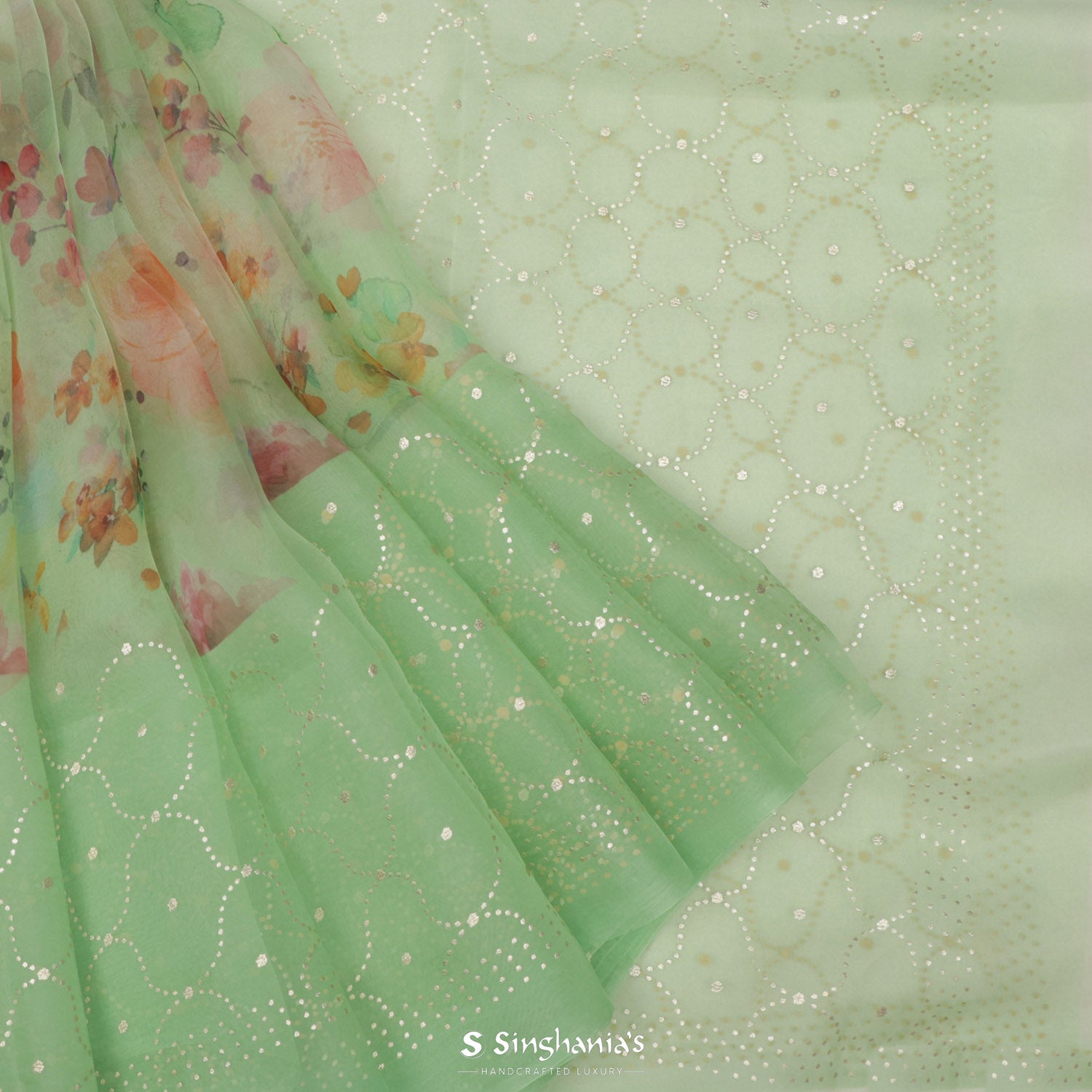 Celadon Green Printed Organza Saree With Floral Pattern