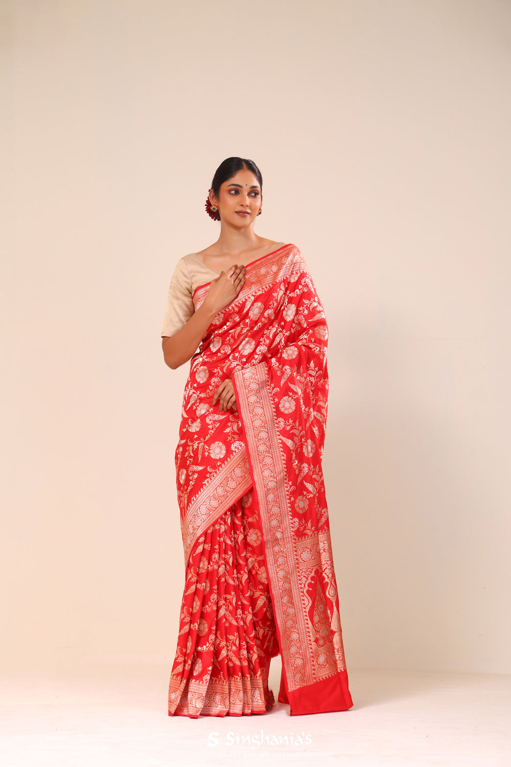 Cardinal Red Chiniya Banarasi Silk Saree