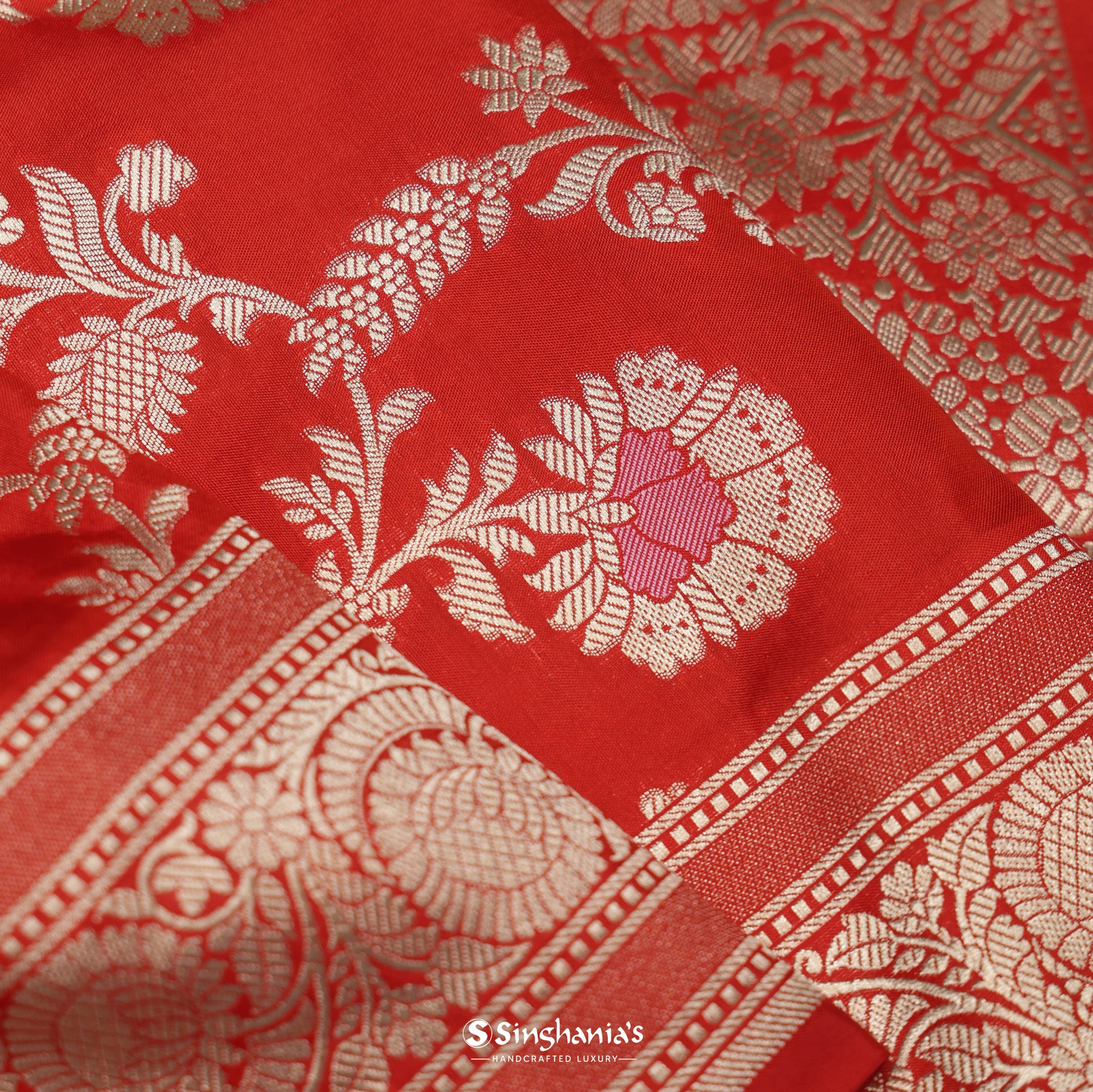 Chilli Red Banarasi Silk Saree With Floral Jaal Weaving