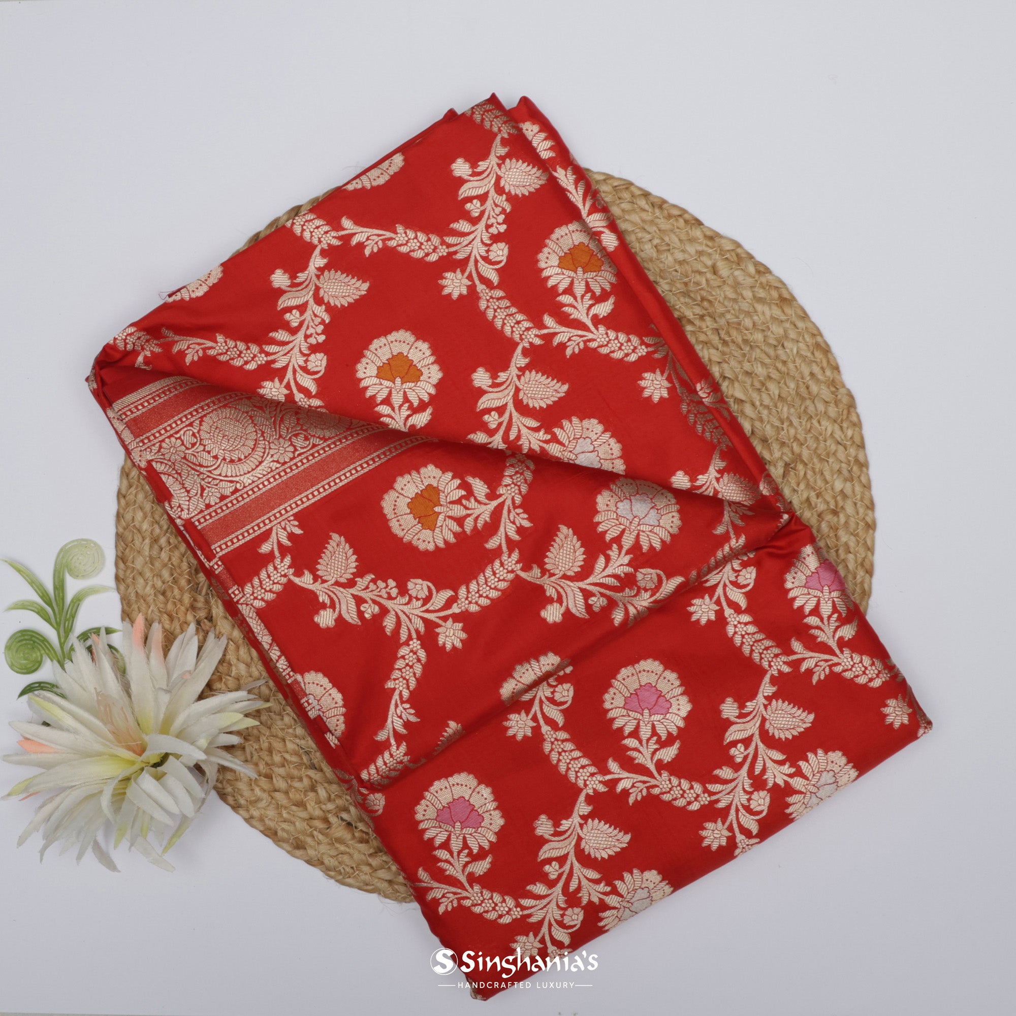 Chilli Red Banarasi Silk Saree With Floral Jaal Weaving