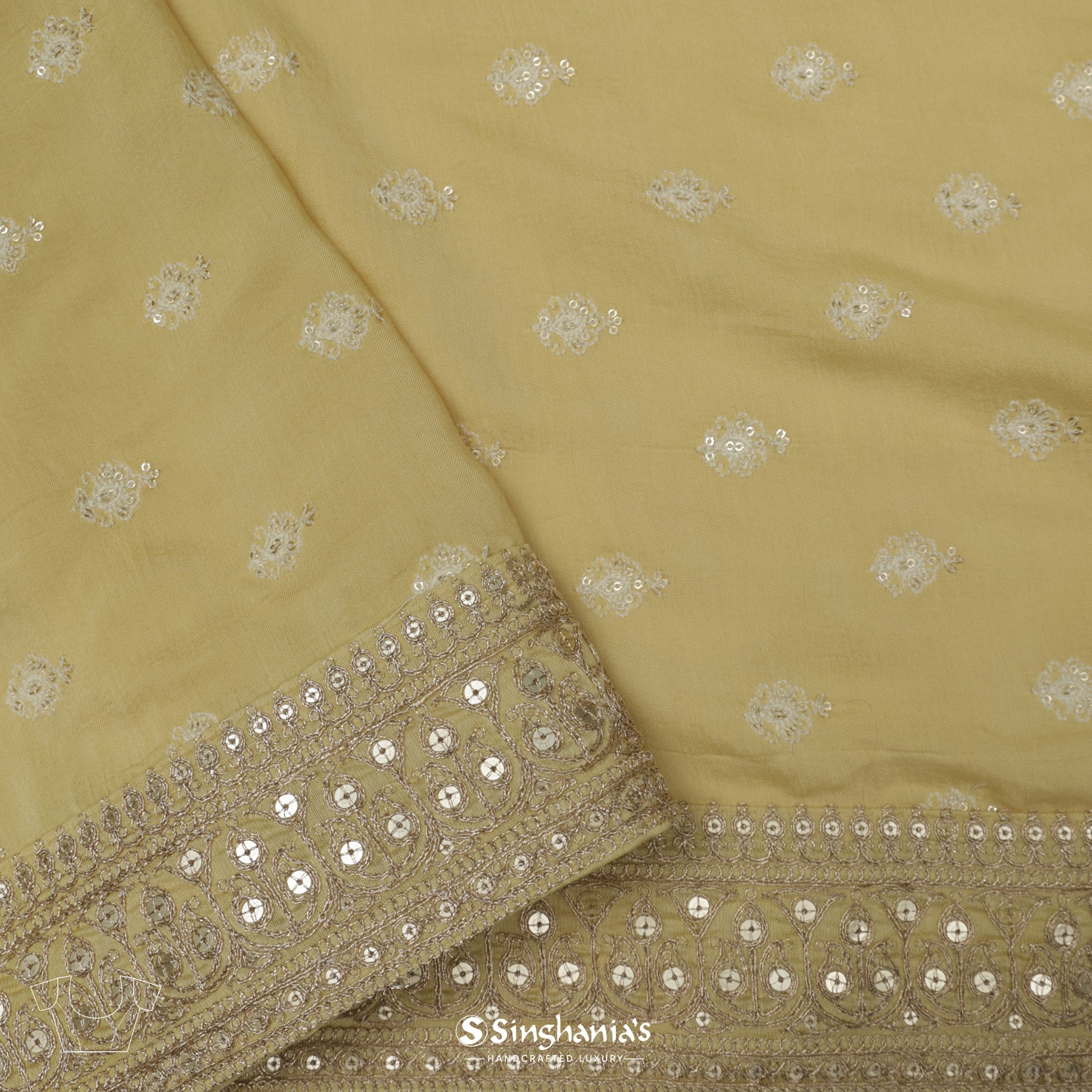 Light Khaki Yellow Organza Saree With Thread Embroidery