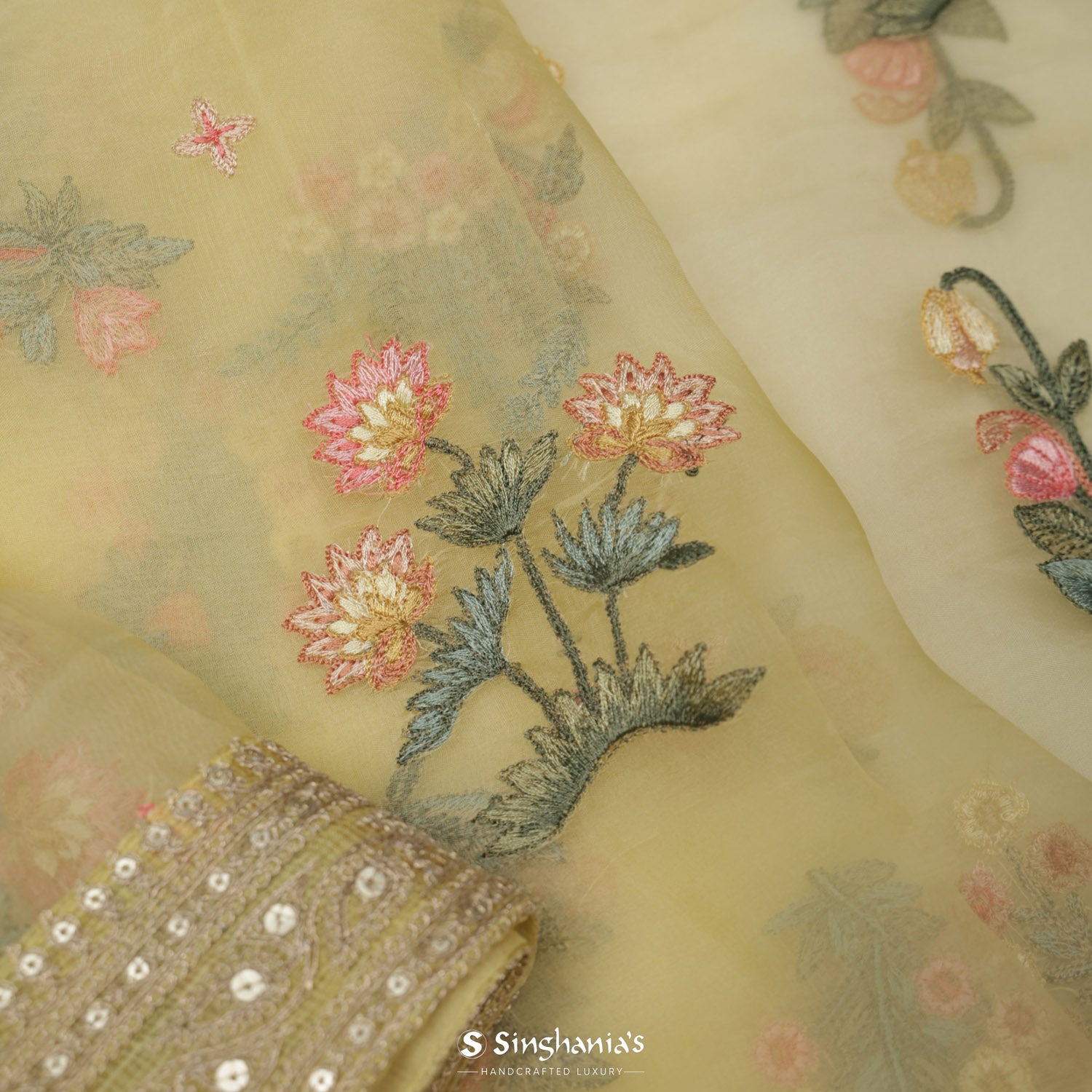 Macaroon Yellow Organza Saree With Embroidery