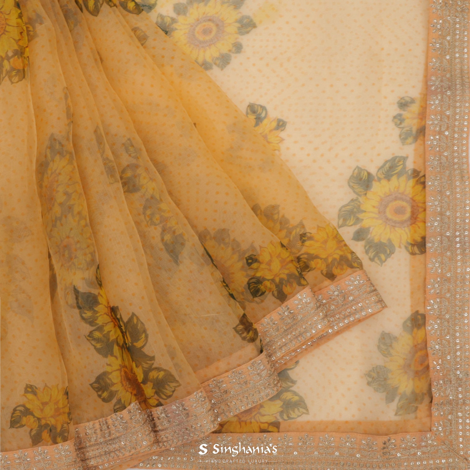 Earth Yellow Printed Organza Saree With Embroidery