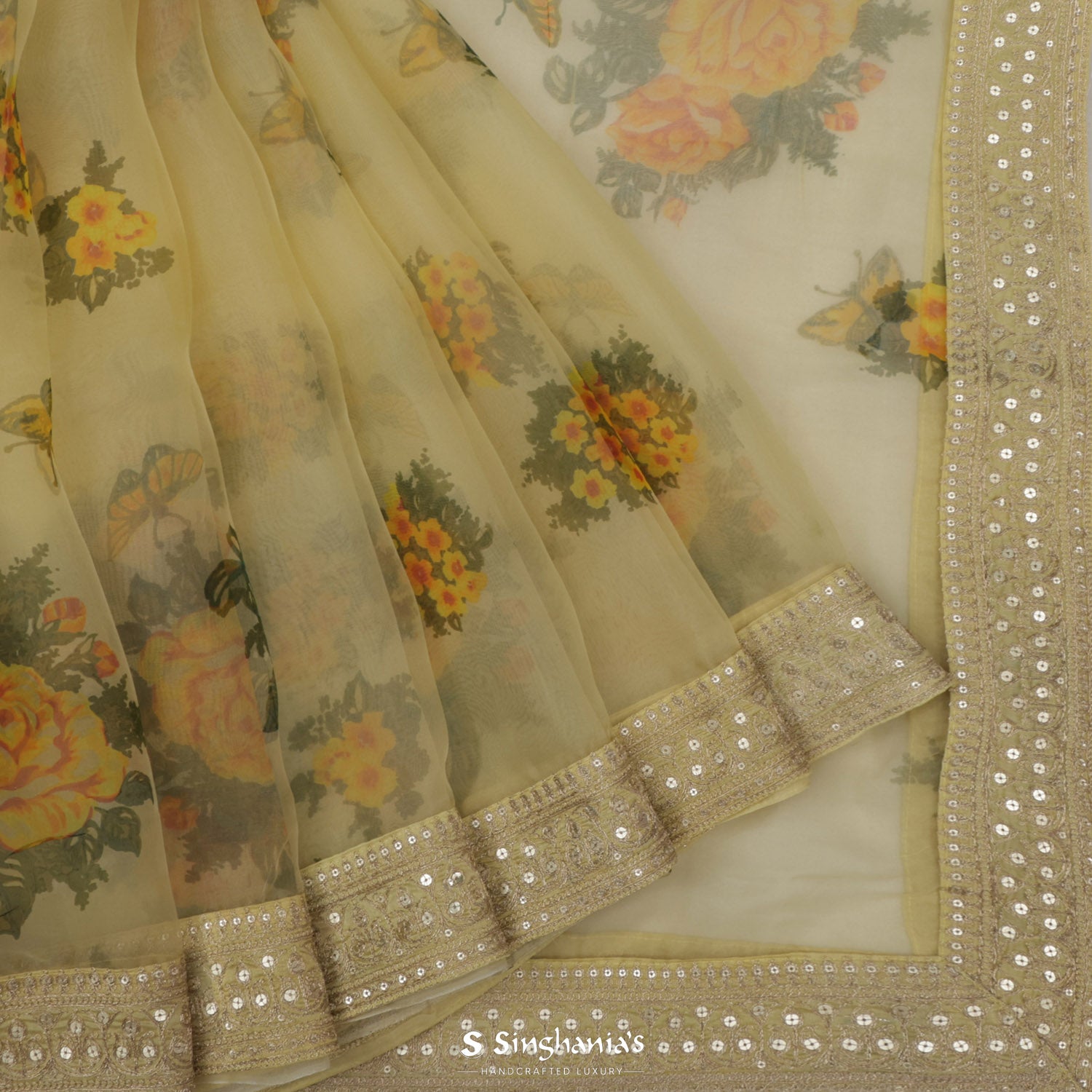 Pale Goldenrod Yellow Organza Saree With Hand Embroidery