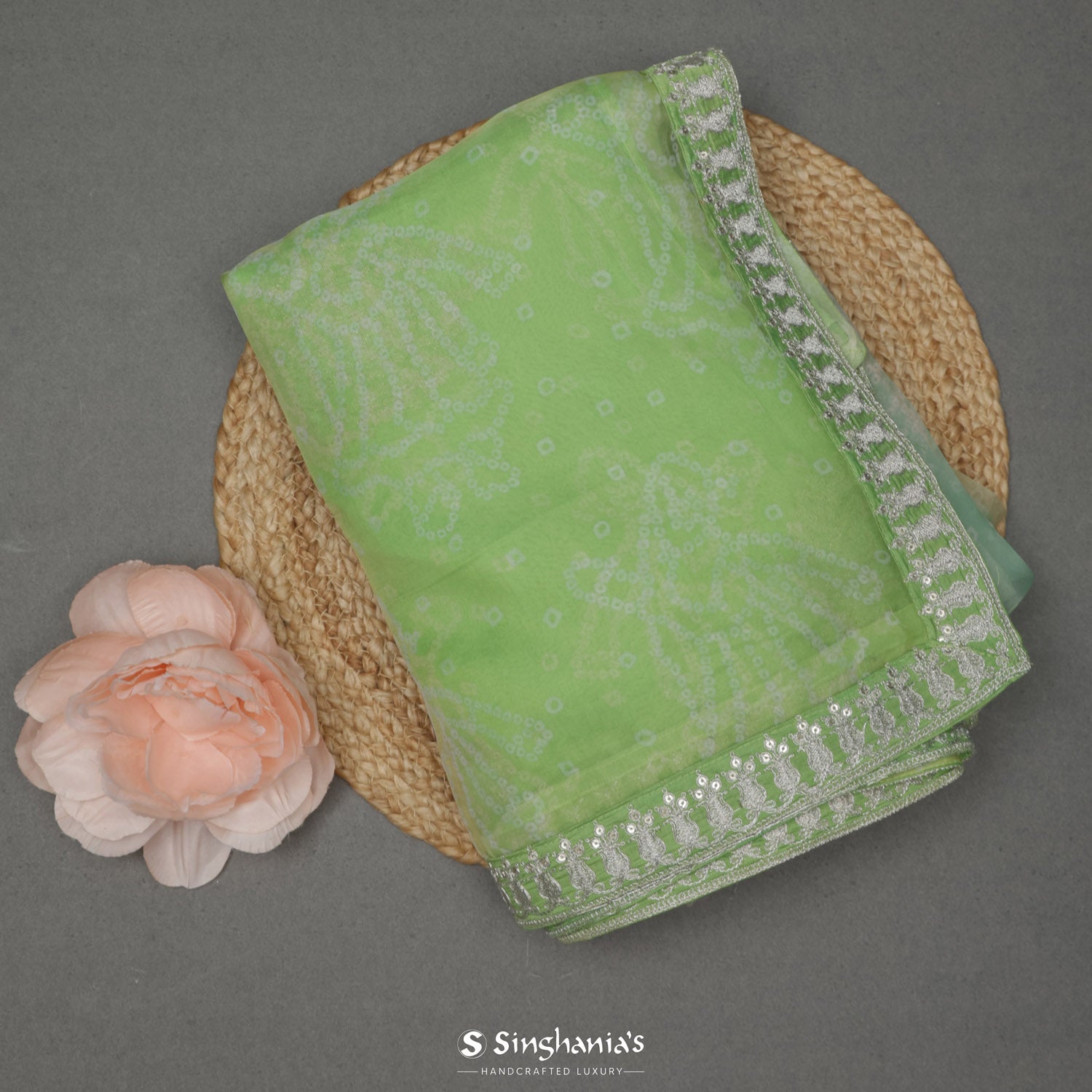 Tea Green Organza Saree With Bandhani Pattern