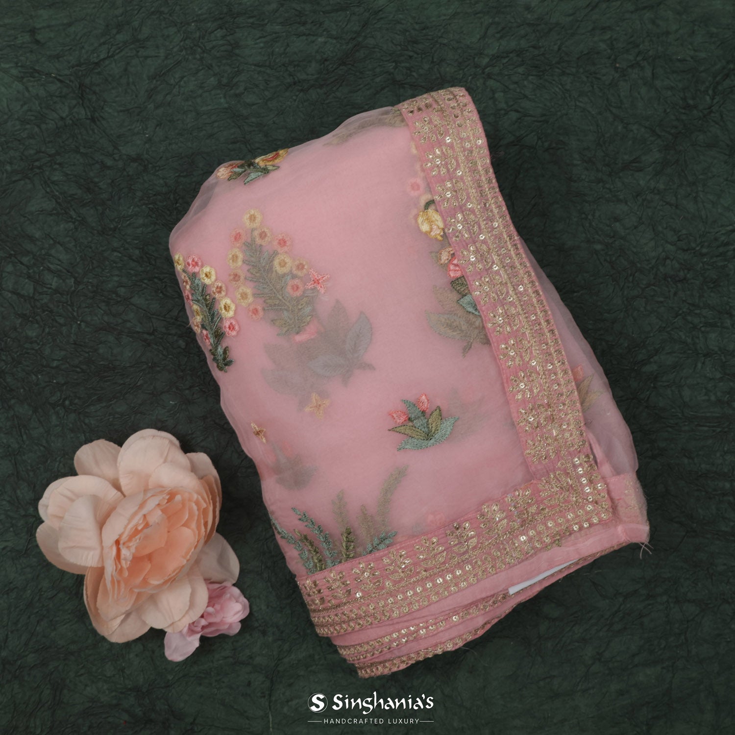 Pale Pink Organza Saree With Floral Embroidery