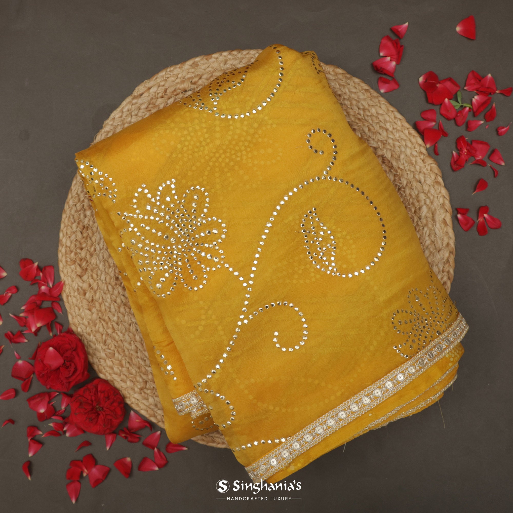 Goldenrod Yellow Organza Saree With Mukaish Work In Floral Pattern