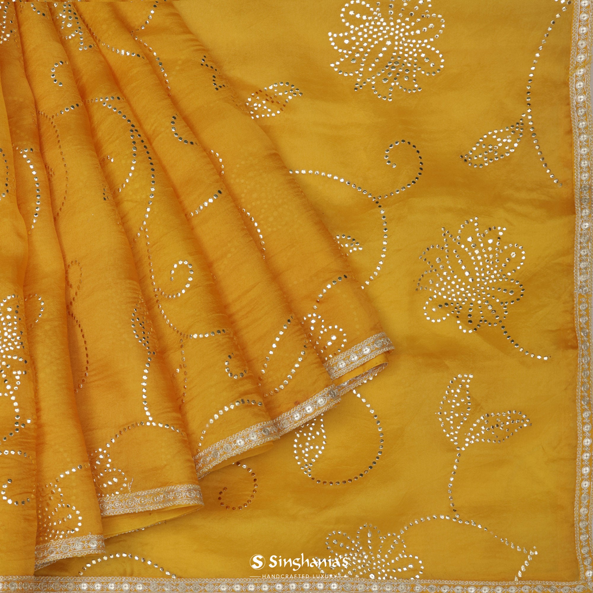 Goldenrod Yellow Organza Saree With Mukaish Work In Floral Pattern