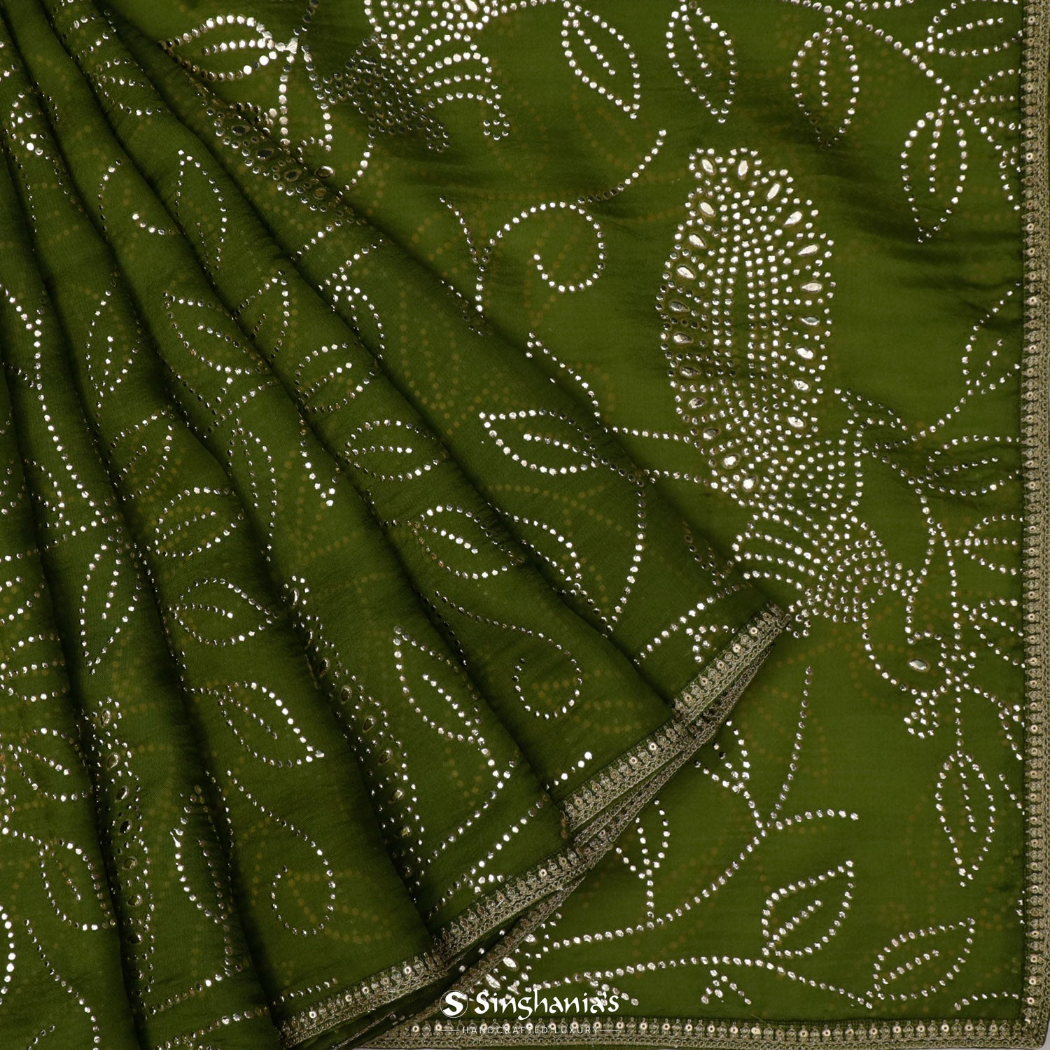 Verdun Green Organza Saree With Mukaish Work In Floral Pattern