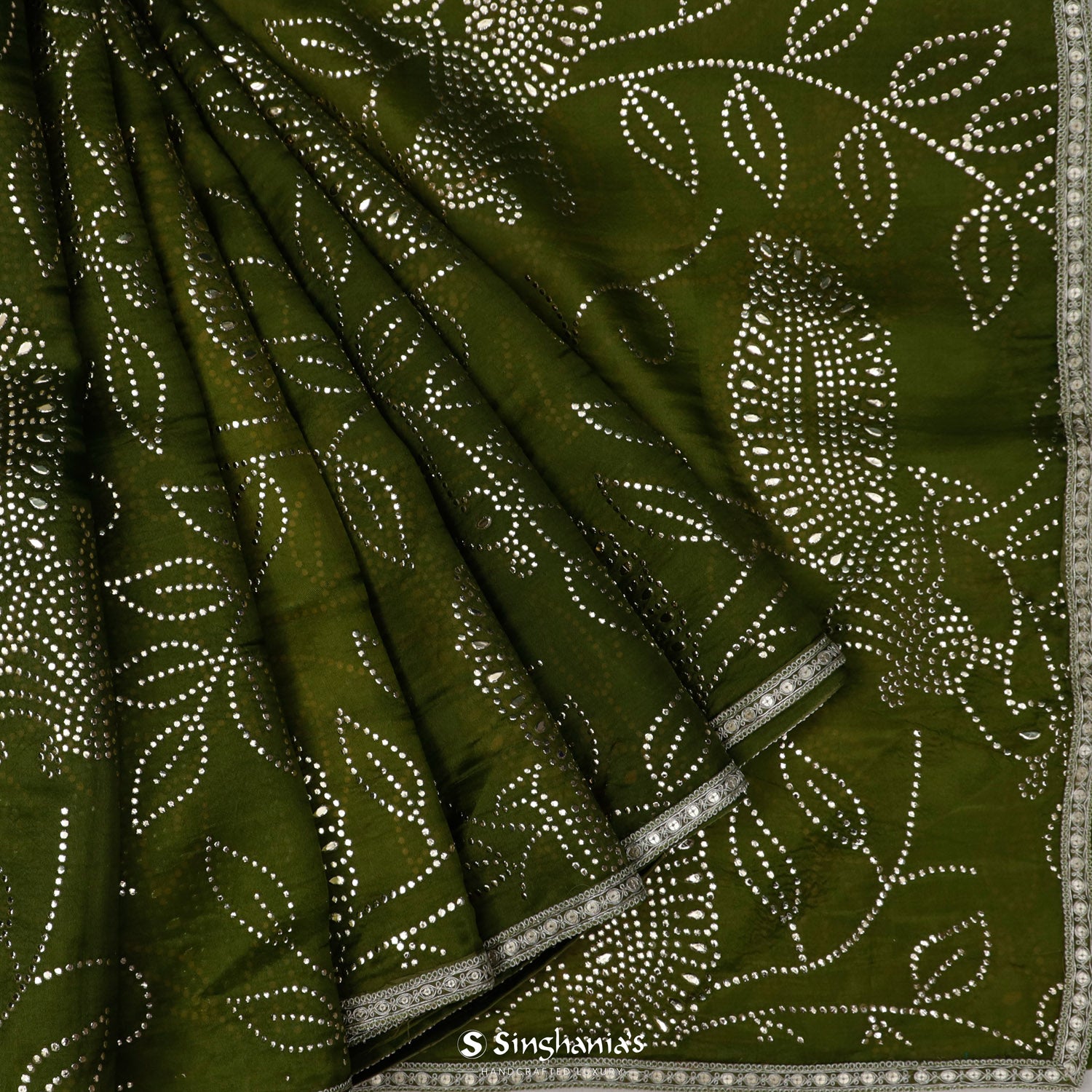 Dark Moss Green Organza Saree With Mukaish Work In Floral Pattern