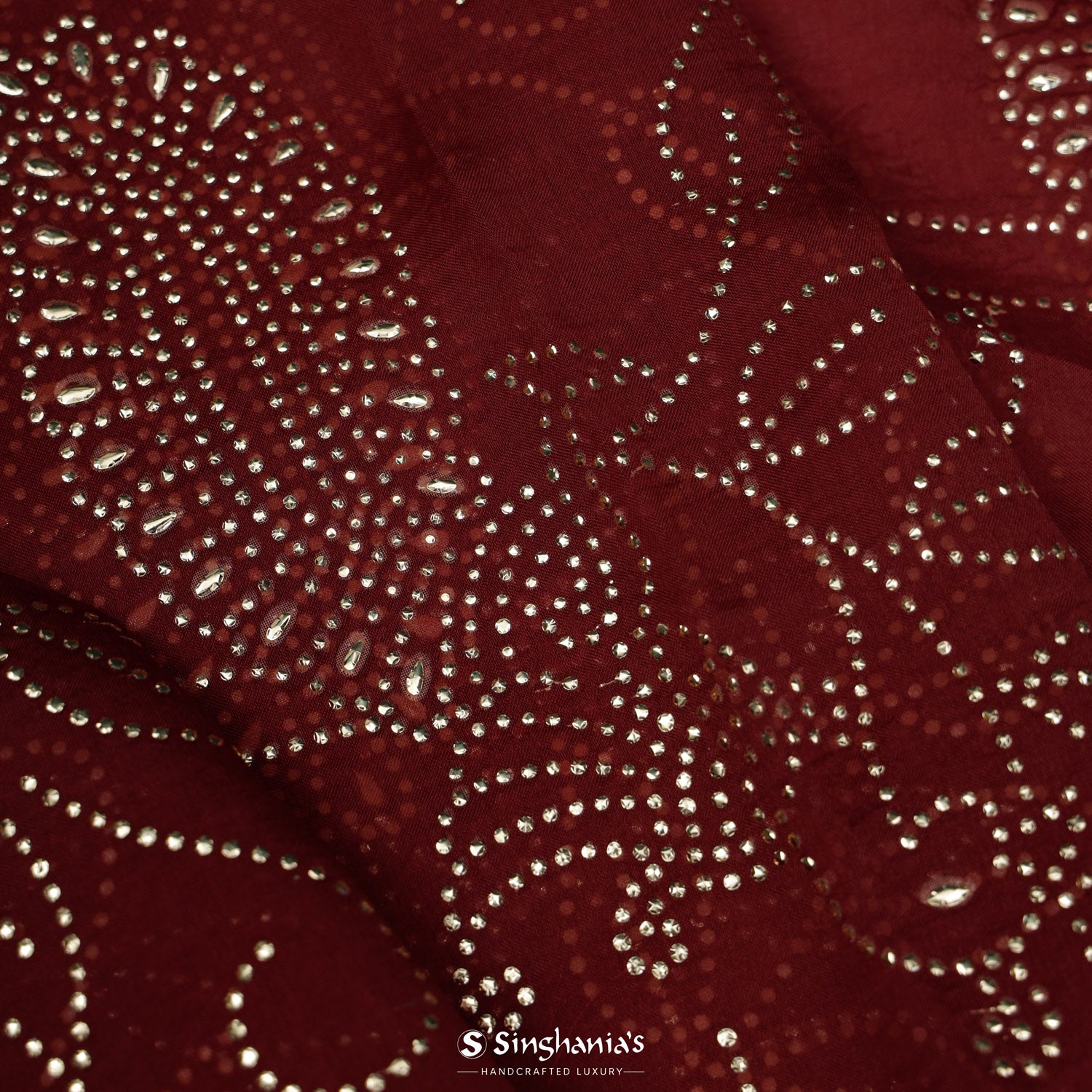 Sangria Red Organza Saree With Mukaish Work In Floral Pattern