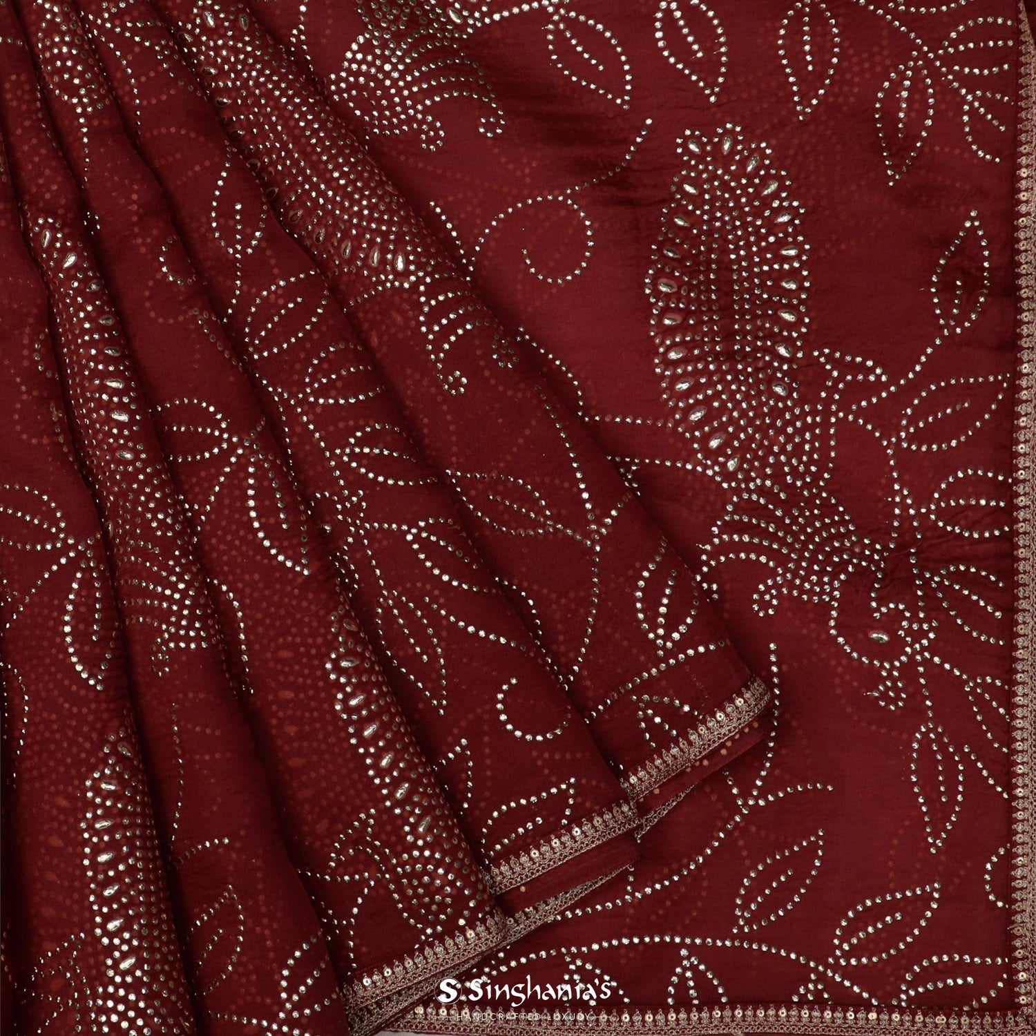 Sangria Red Organza Saree With Mukaish Work In Floral Pattern