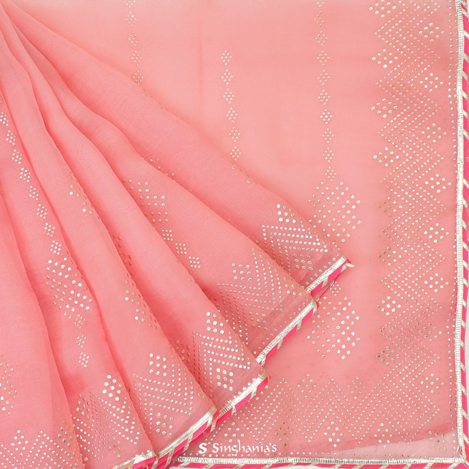 Pale Peachy Pink Printed Organza Saree With Mukaish Work