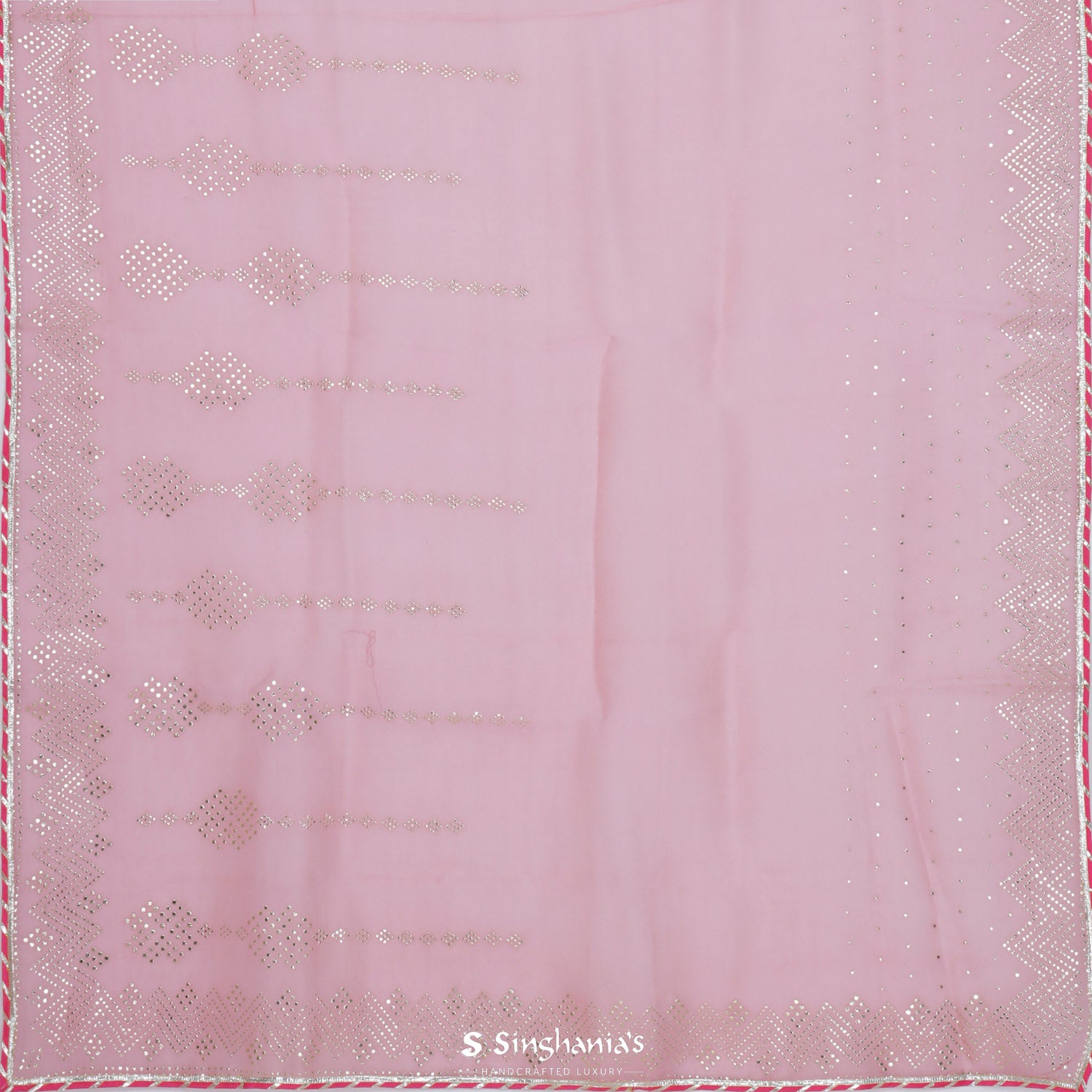 Strawberry Pink Organza Saree With Mukaish Work In Floral Pattern