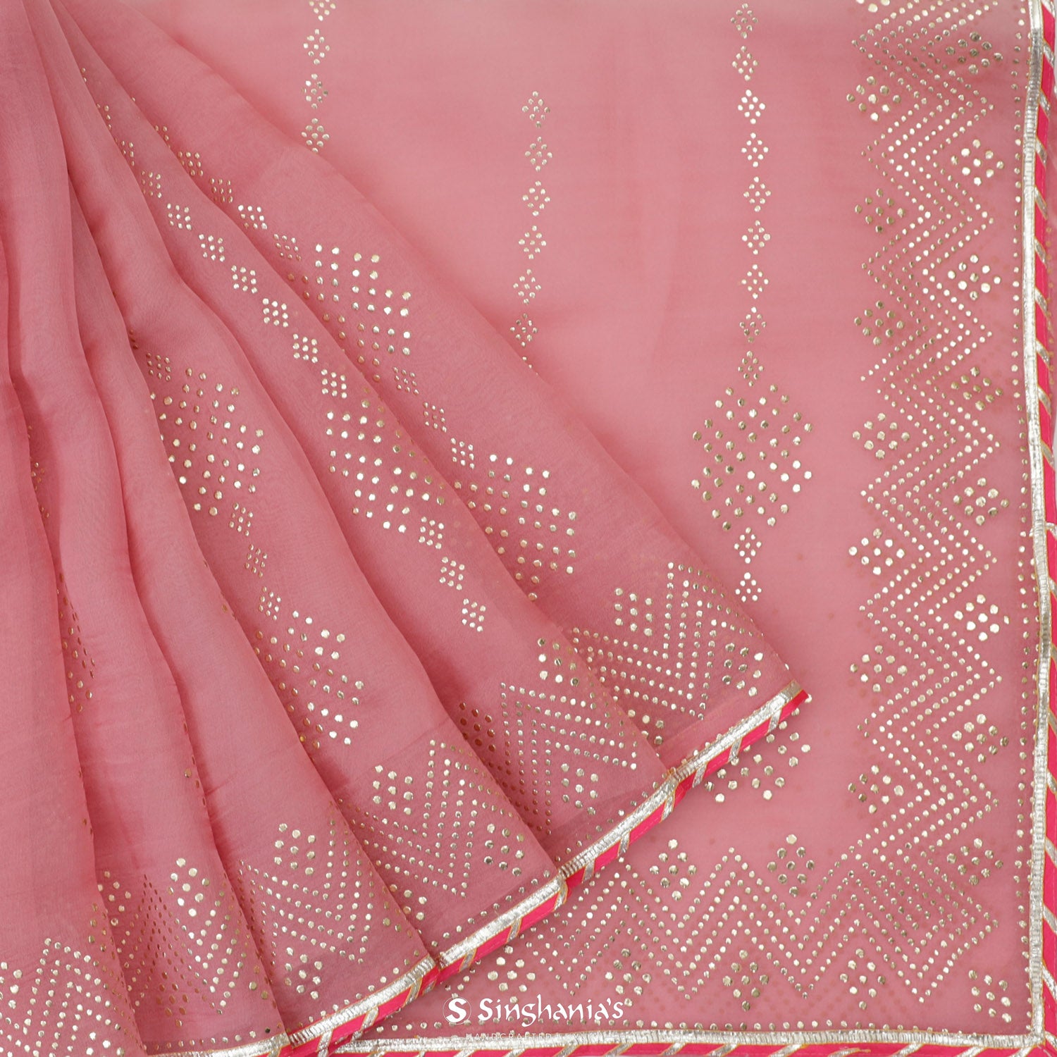 Strawberry Pink Organza Saree With Mukaish Work In Floral Pattern