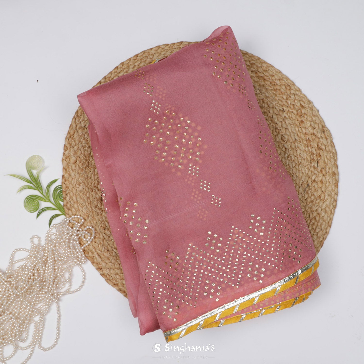 Rose Gold Organza Saree With Mukaish Work In Abstract Pattern