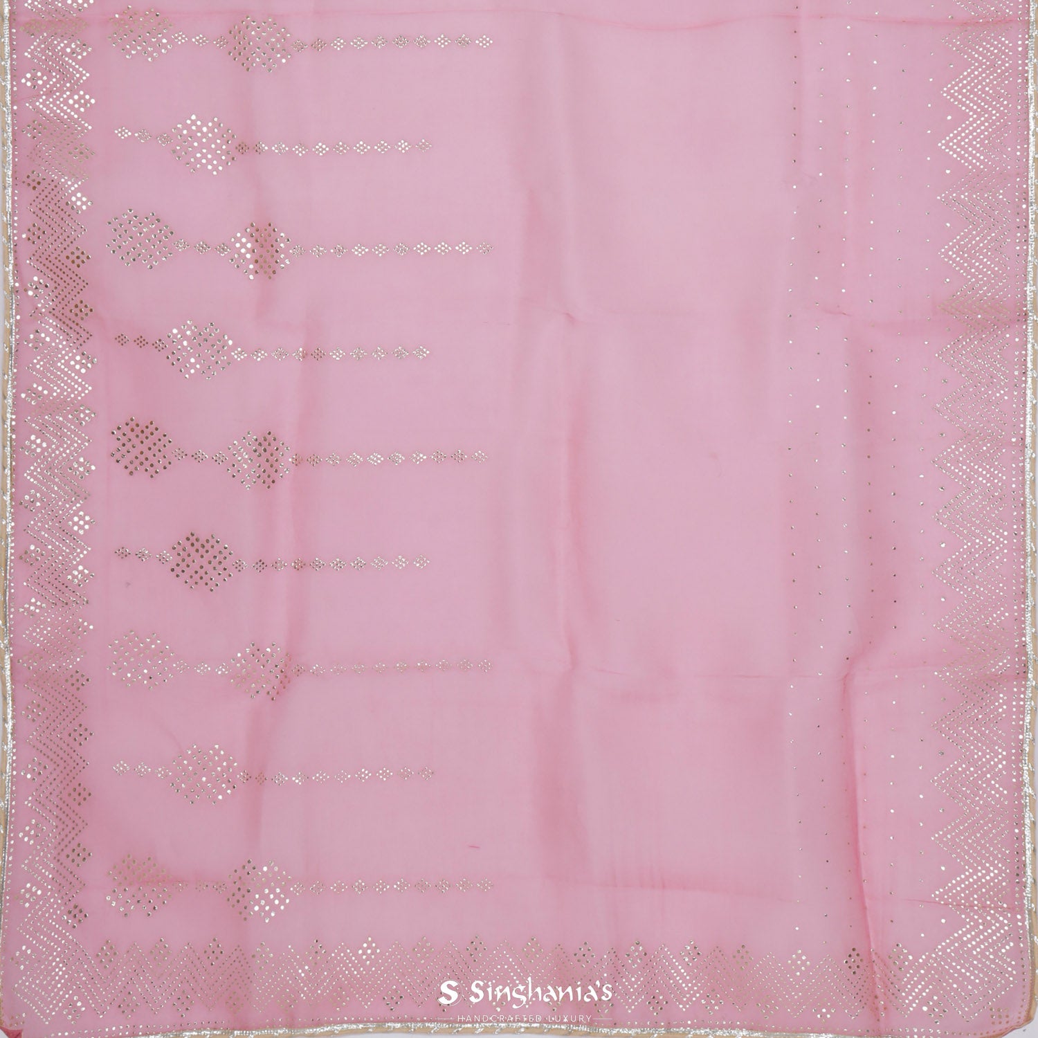 Candy Pink Organza Saree With Mukaish Work In Abstract Pattern