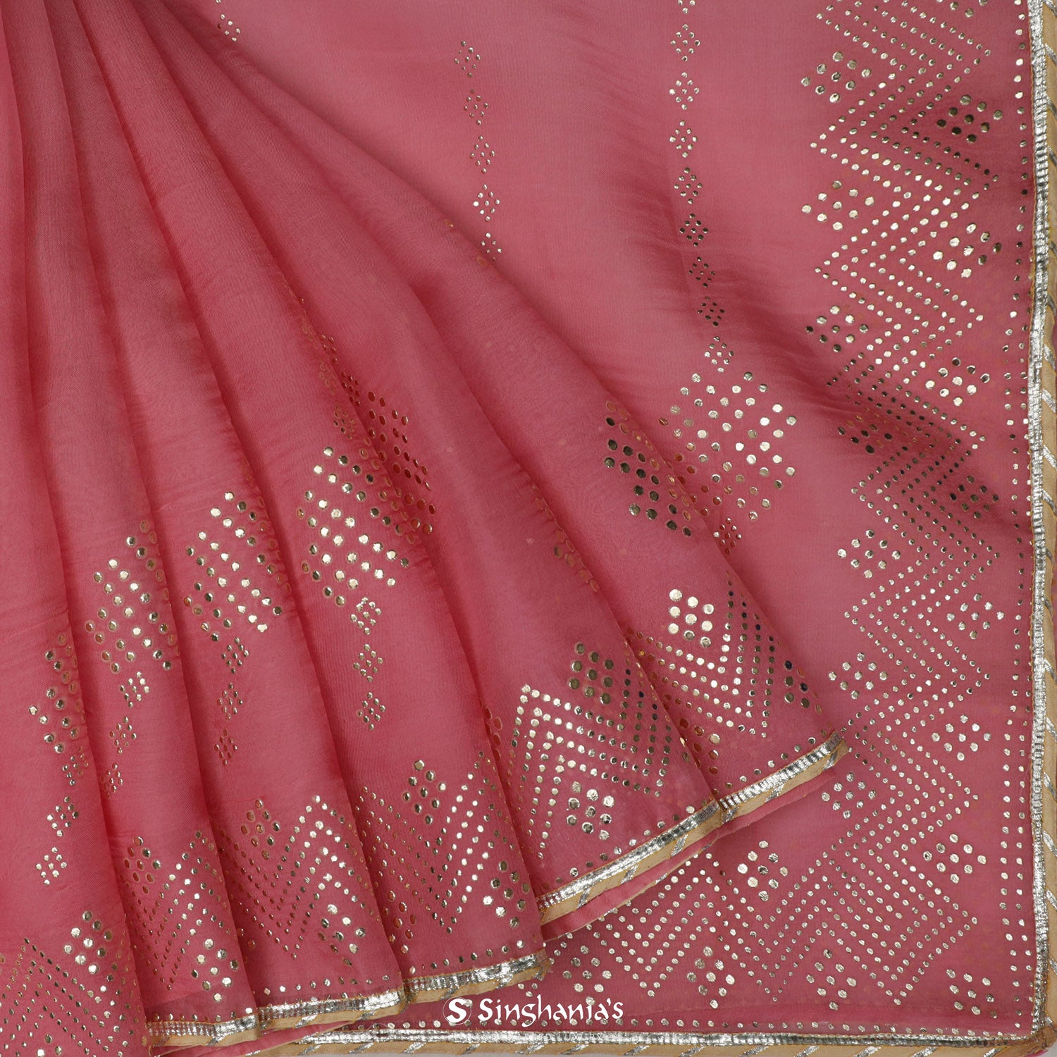 Candy Pink Organza Saree With Mukaish Work In Abstract Pattern