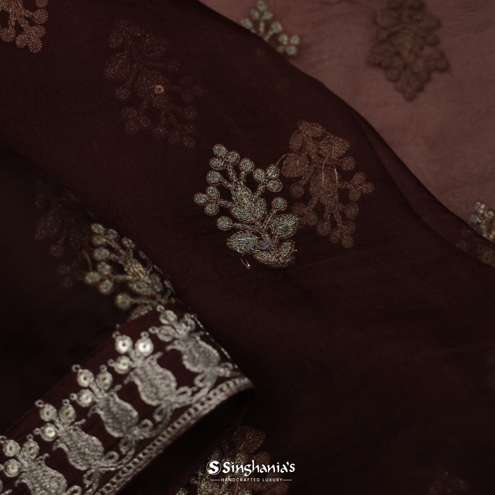 Deep Brown Organza Saree With Embroidery