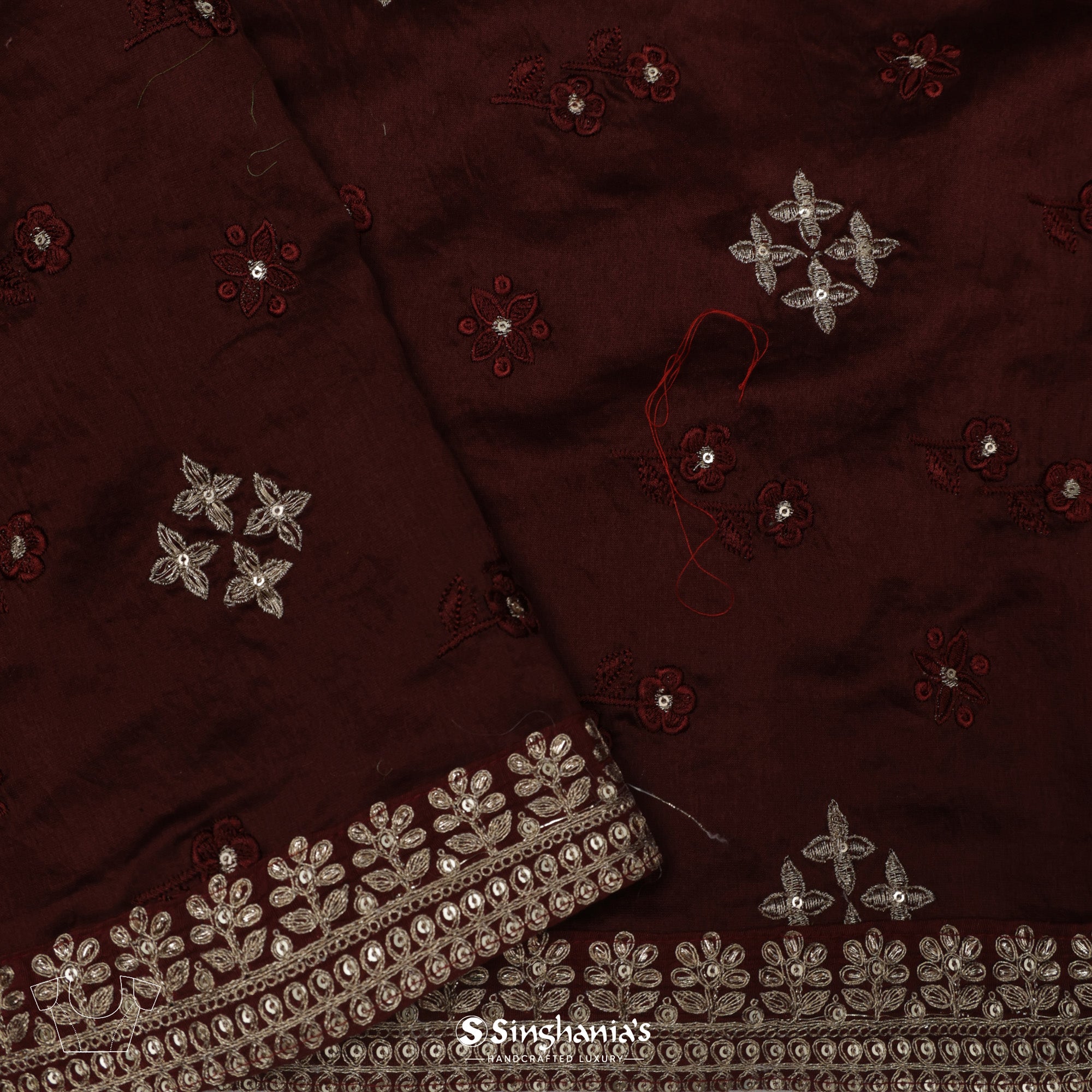 French Puce Red Organza Saree With Floral Embroidery