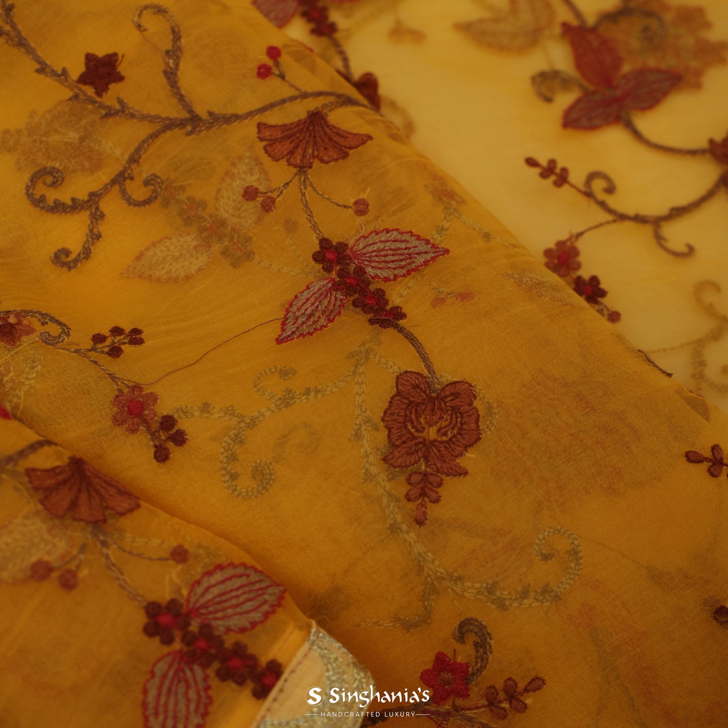 Amber Yellow Organza Saree With Hand Embroidery