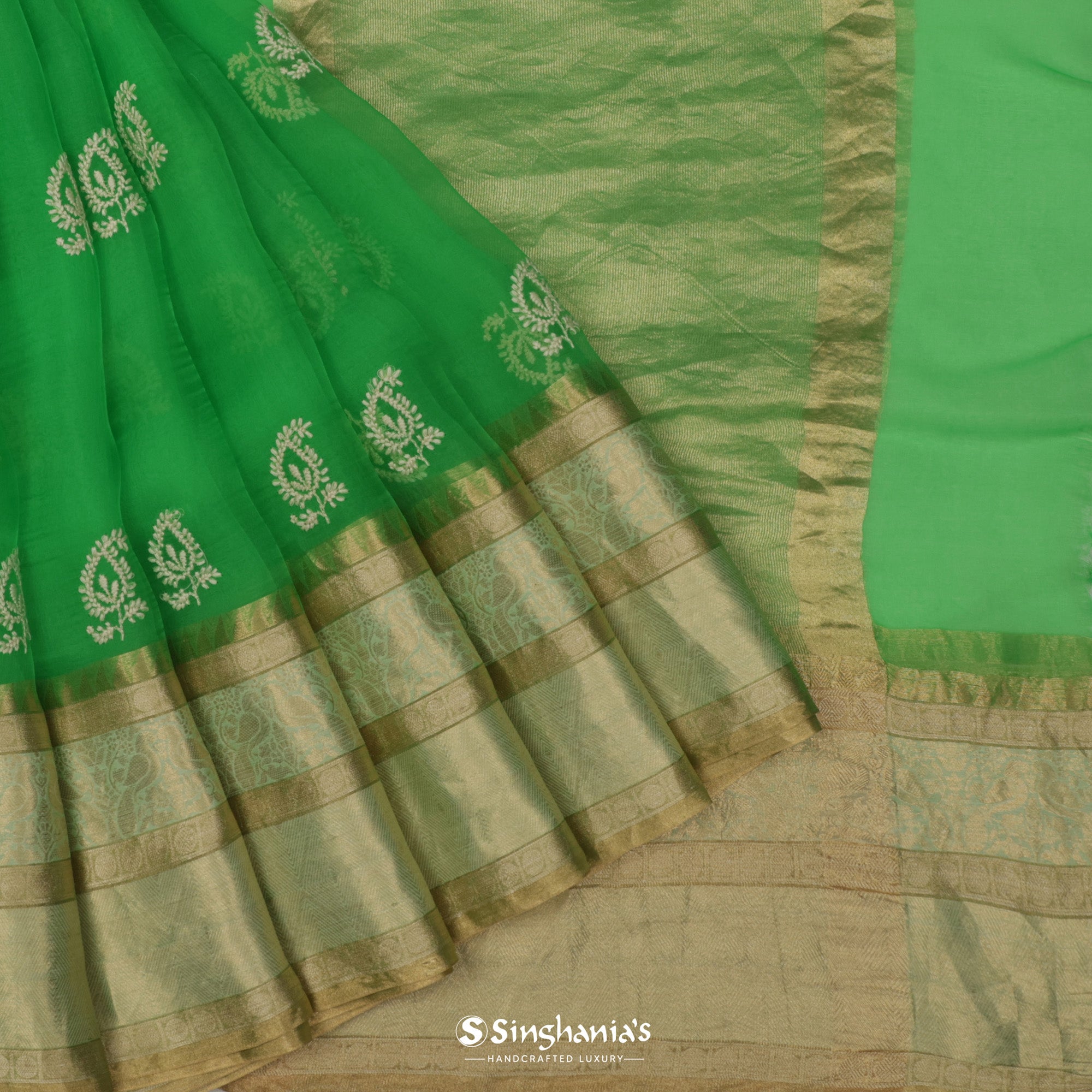 Malachite Green Organza Saree With Thread Embroidery