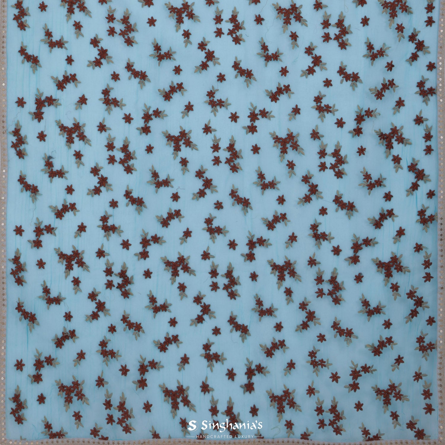 Ocean Blue Printed Organza Saree With Floral Pattern