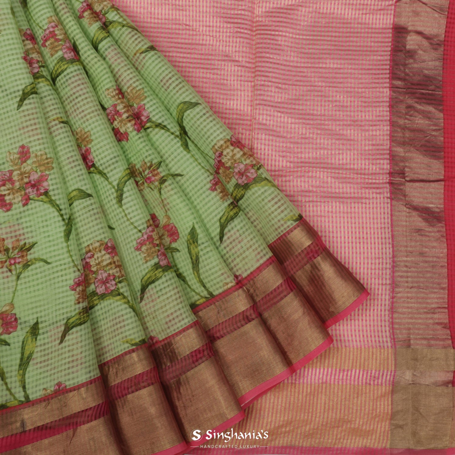 Nyanza Green Printed Maheshwari Saree With Floral Pattern