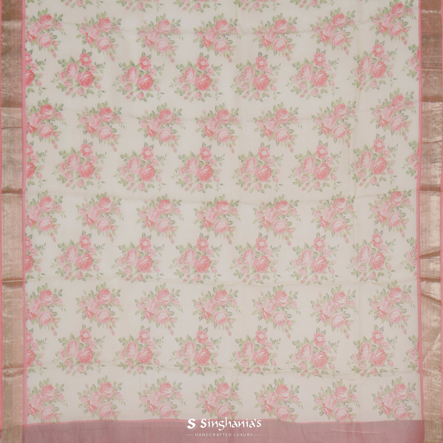 Beige Printed Maheshwari Saree With Floral Pattern