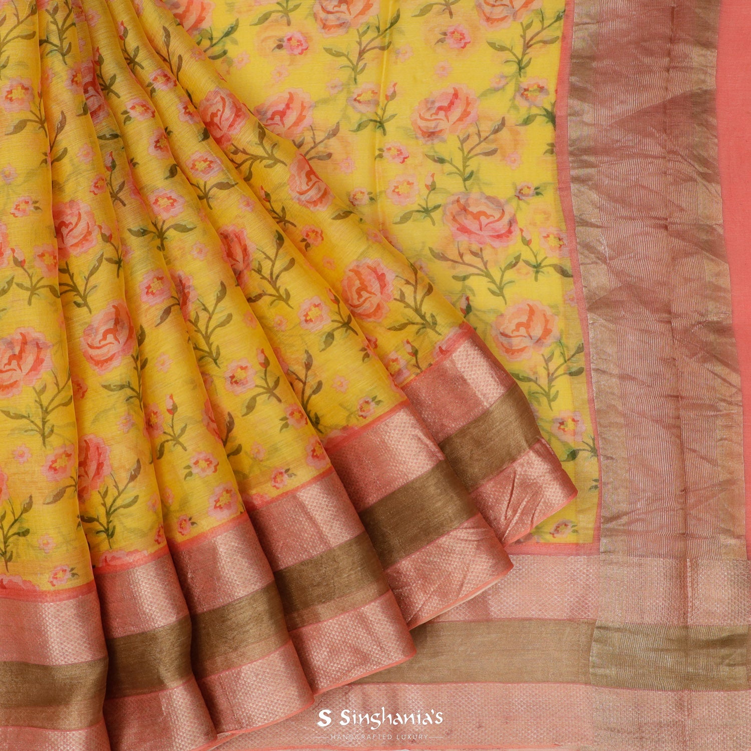 Saffron Yellow Printed Maheswari Silk Saree With Floral Pattern