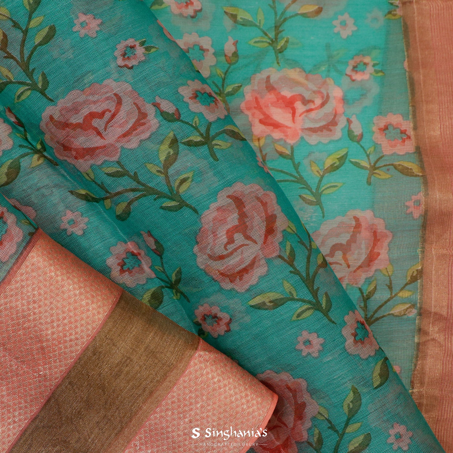 Persian Green Printed Maheshwari Saree With Floral Pattern