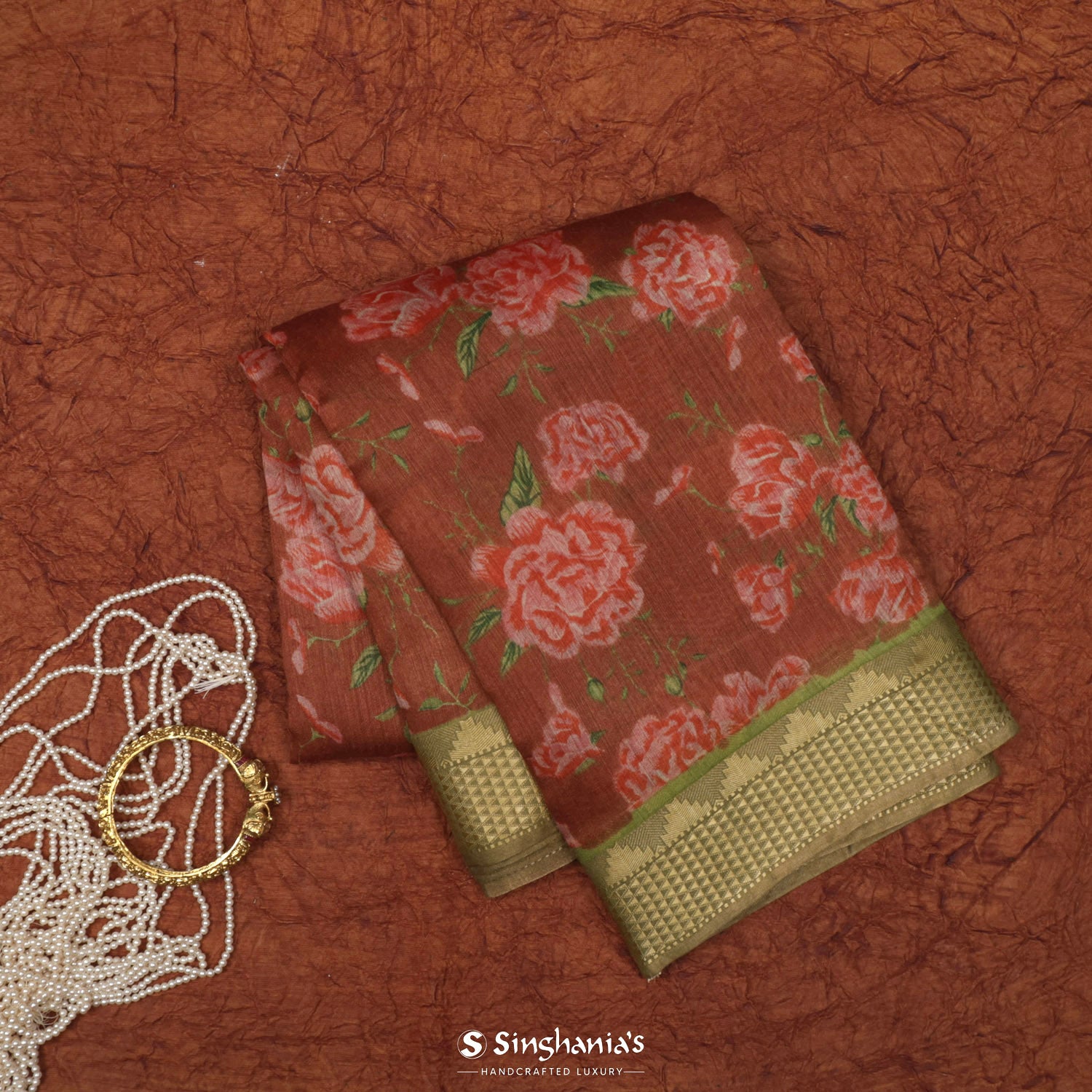 Brown Rust Moonga Printed Silk Saree With Floral Pattern