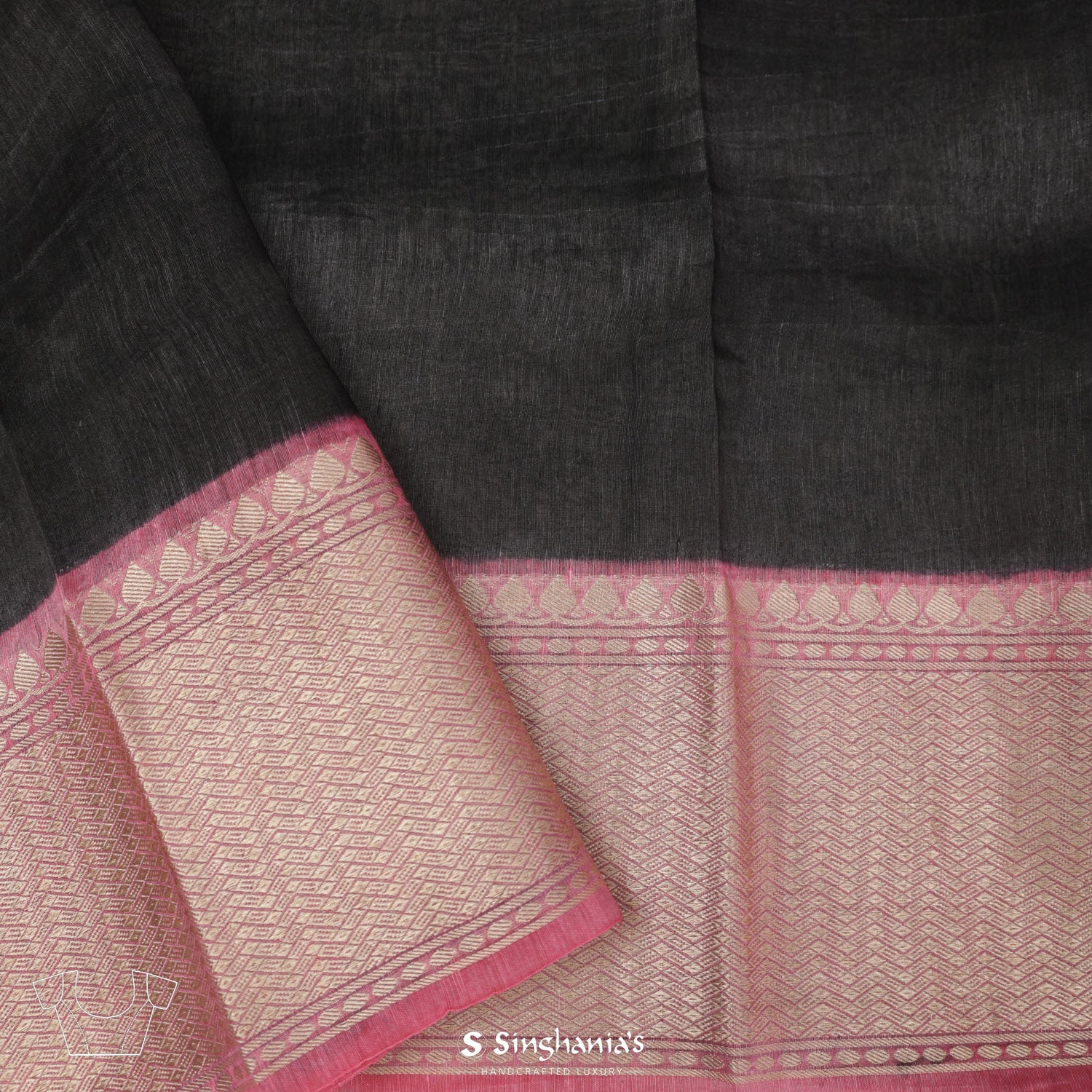 Jet Black Printed Linen Saree With Floral Pattern
