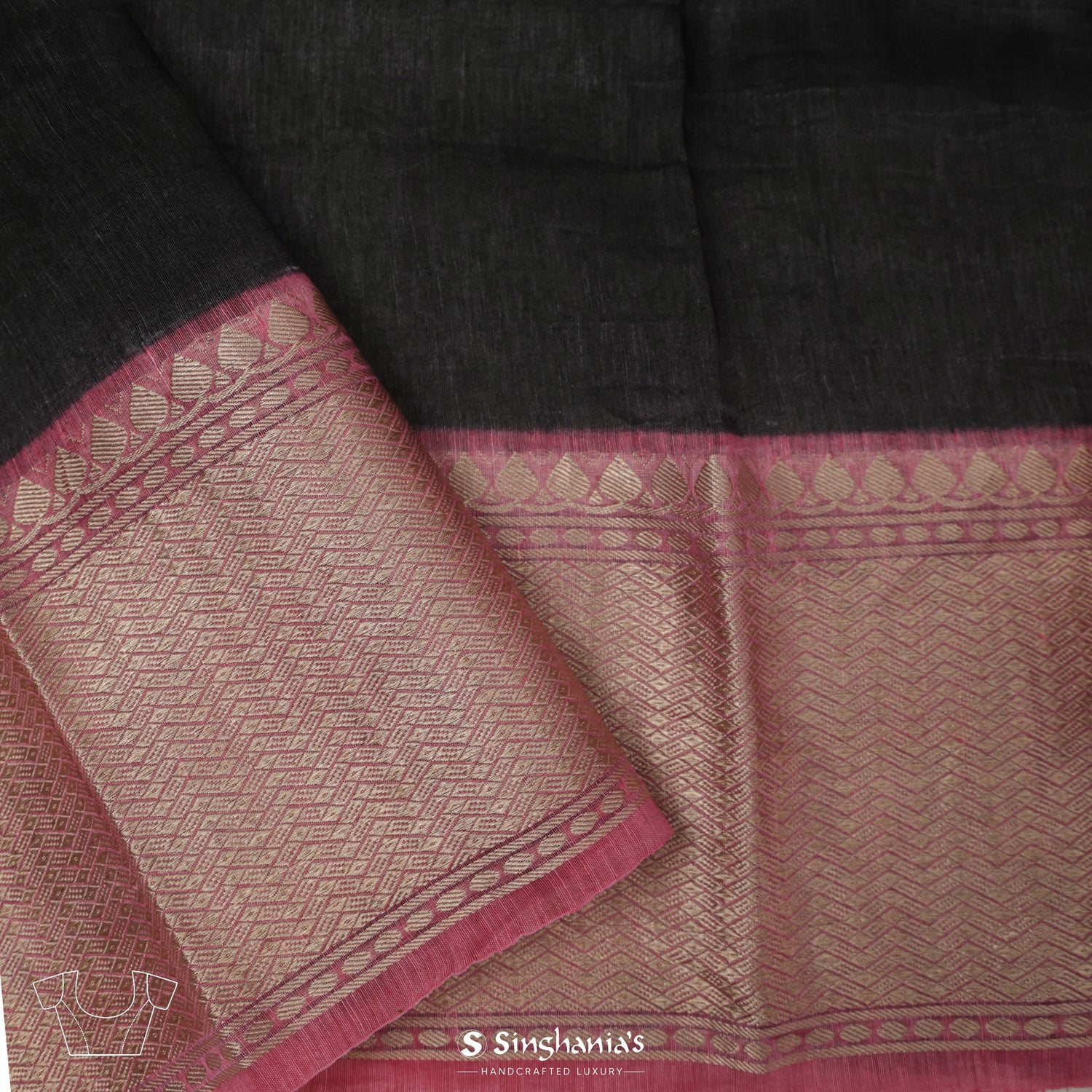 Raisin Black Printed Linen Saree With Floral Pattern