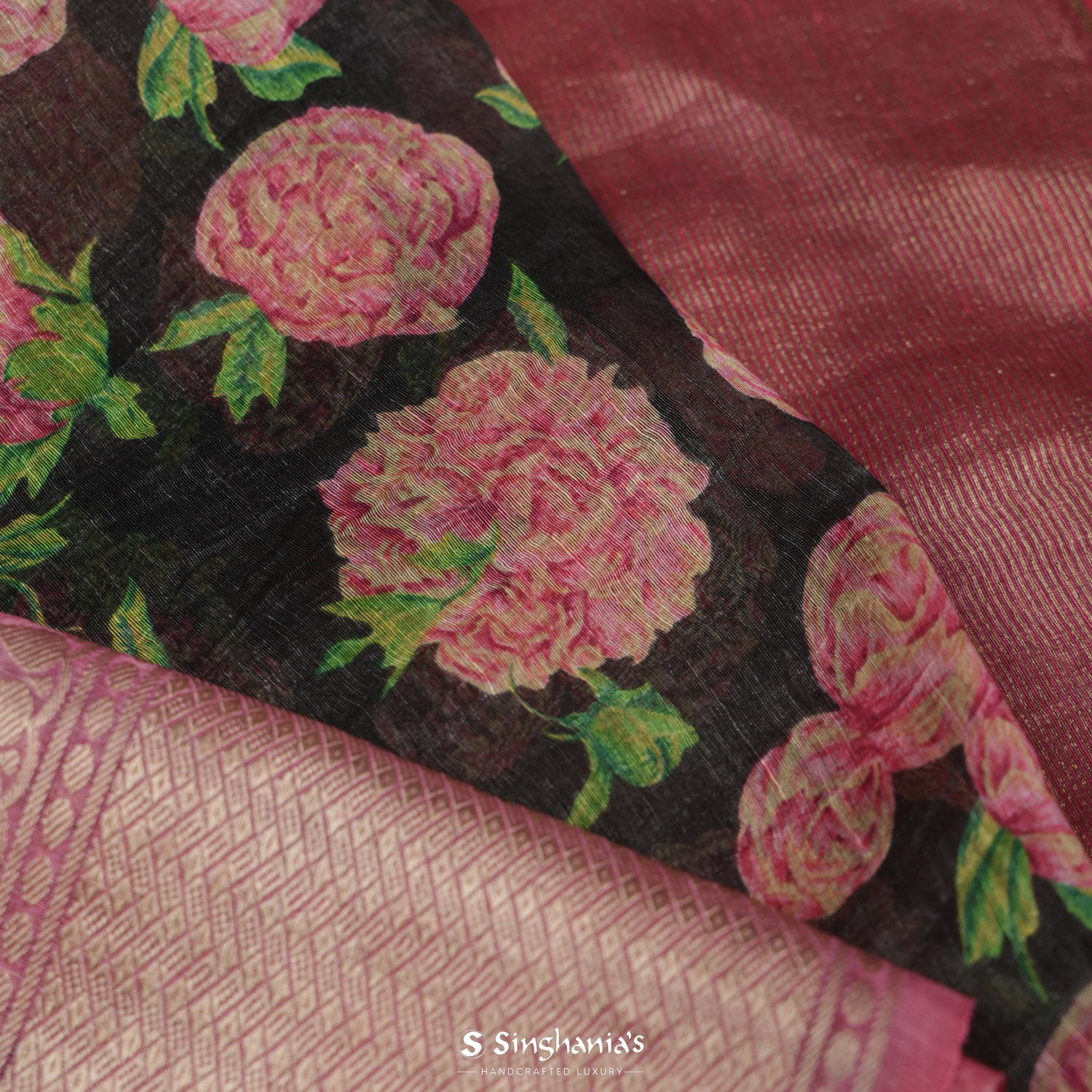Black Olive Printed Linen Saree With Floral Pattern
