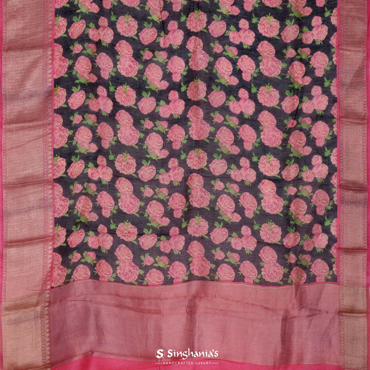 Black Olive Printed Linen Saree With Floral Pattern