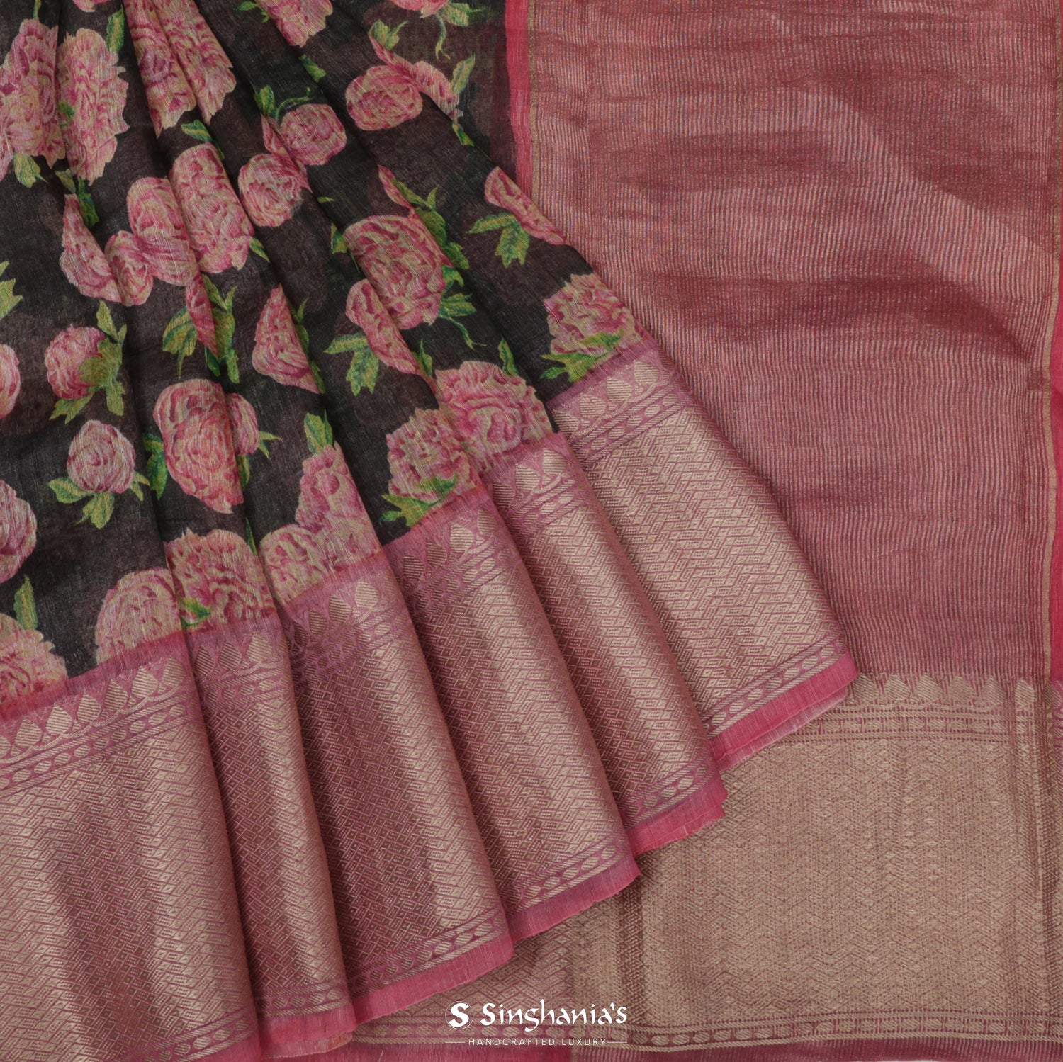 Black Olive Printed Linen Saree With Floral Pattern